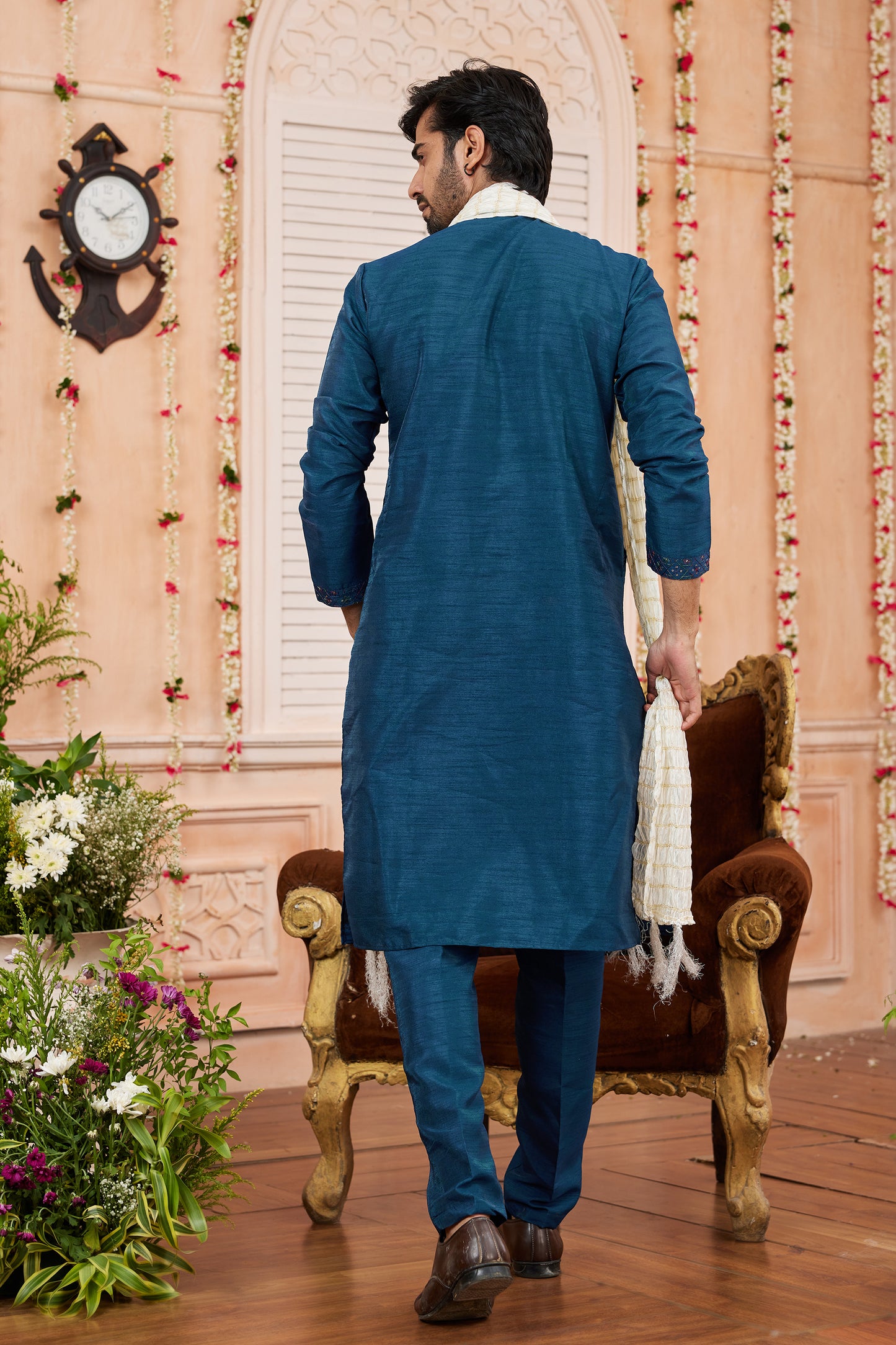 Teal Blue Banarasi Silk Kurta Pajama-SAR11403_2_SareeButa.com