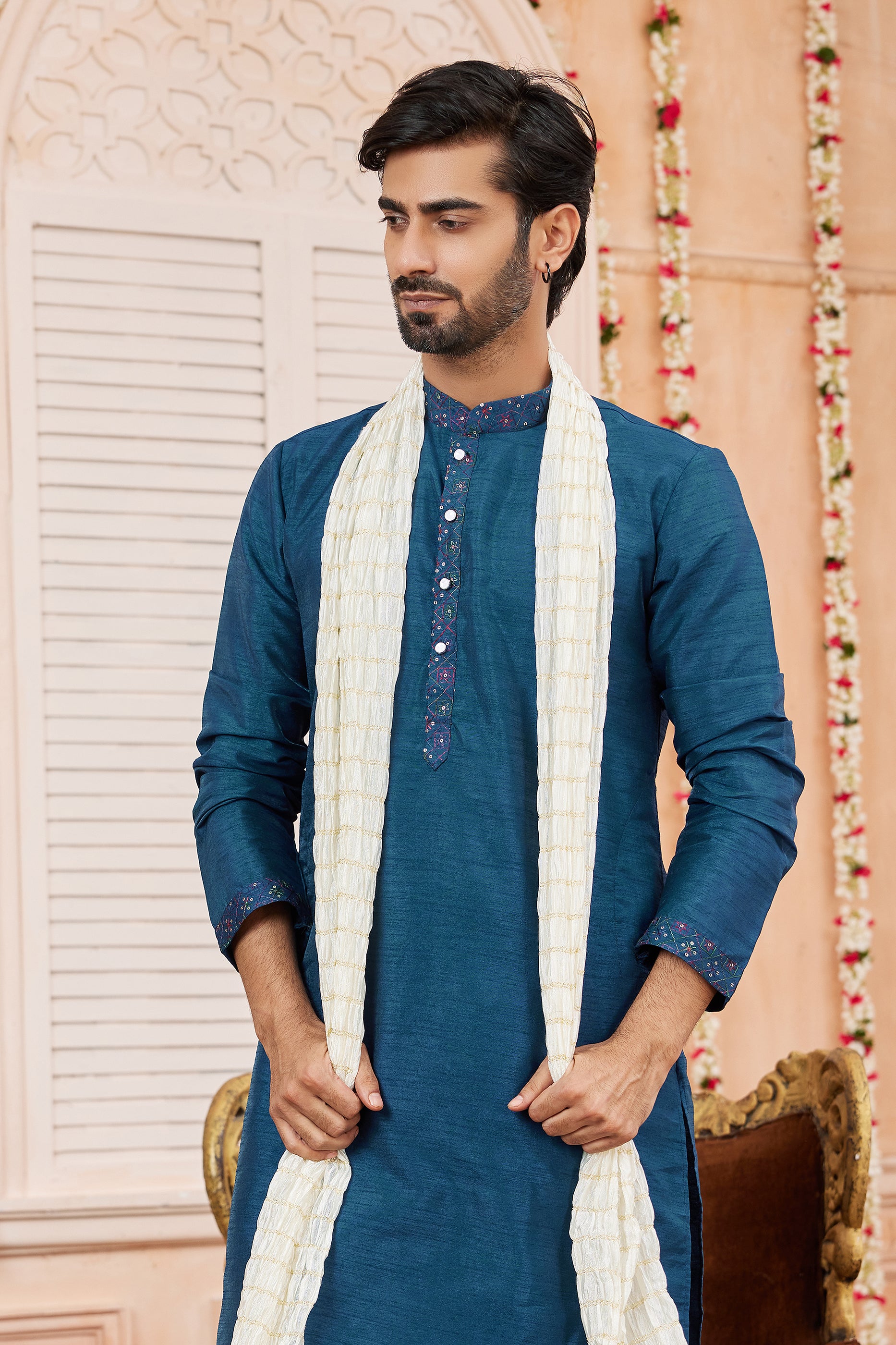 Teal Blue Banarasi Silk Kurta Pajama-SAR11403_3_SareeButa.com