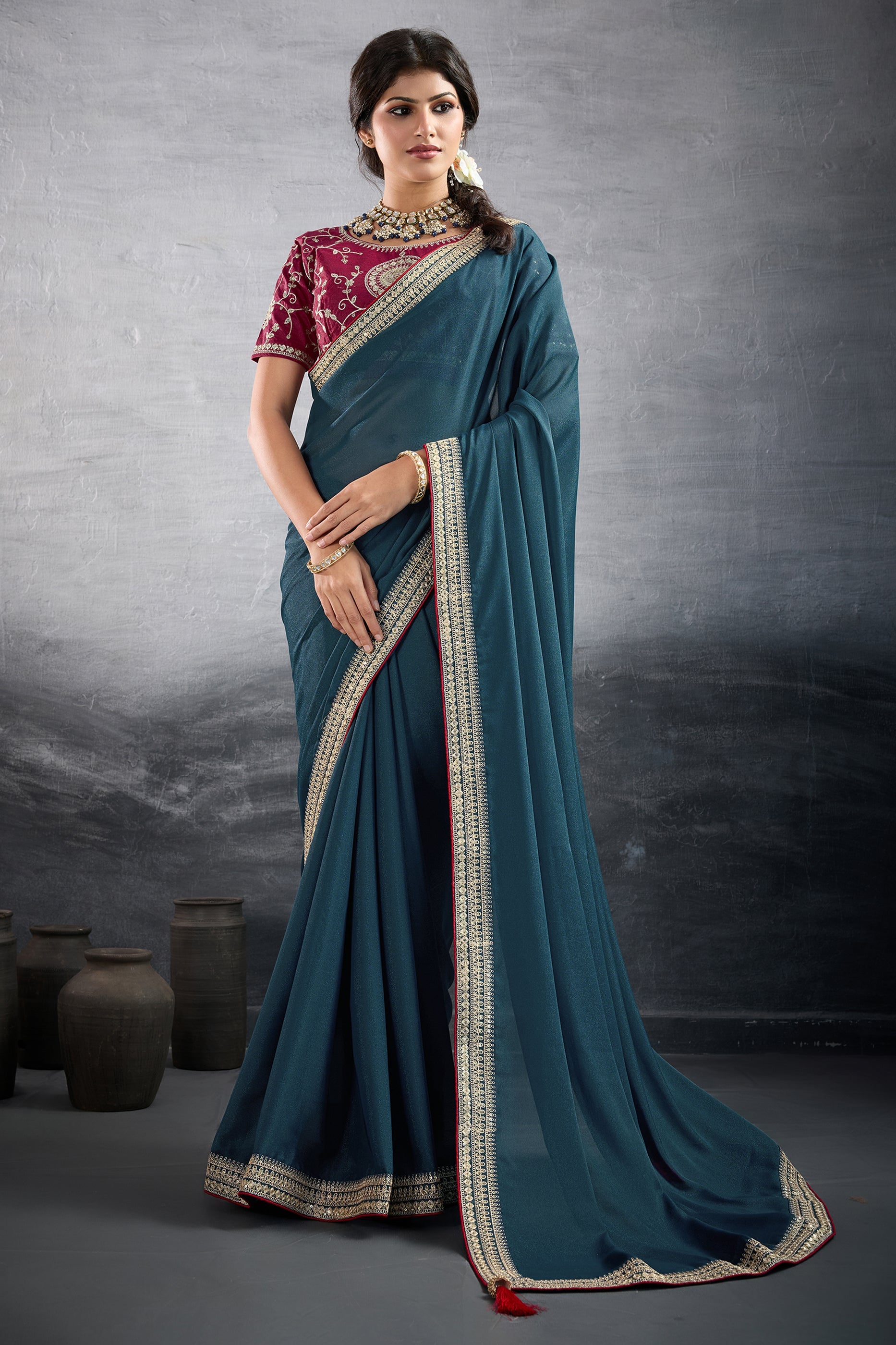 Teal Blue Embroidered Georgette Saree-SAR10600_1_SareeButa.com