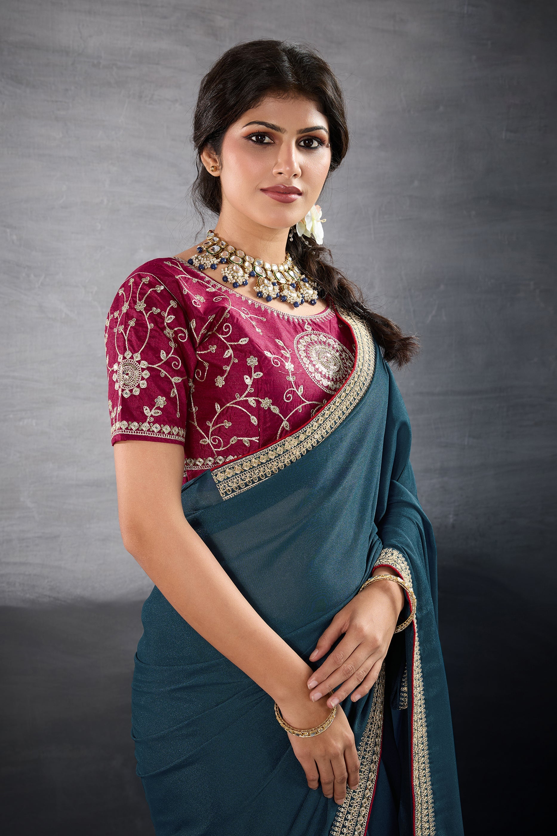 Teal Blue Embroidered Georgette Saree-SAR10600_2_SareeButa.com