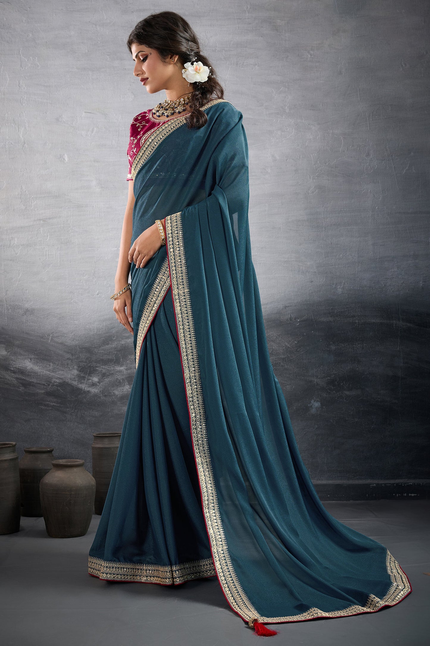 Teal Blue Embroidered Georgette Saree-SAR10600_3_SareeButa.com
