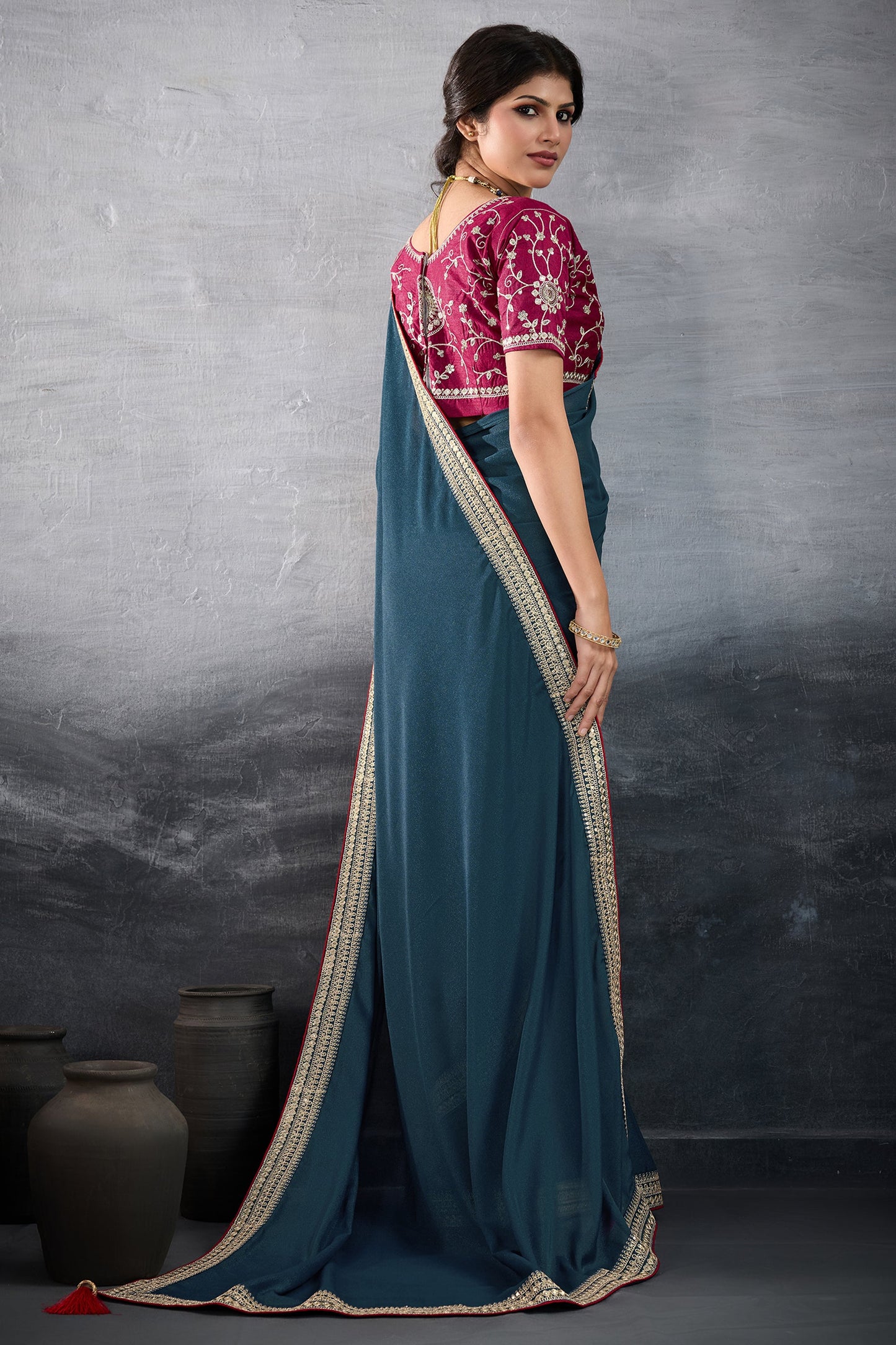 Teal Blue Embroidered Georgette Saree-SAR10600_4_SareeButa.com