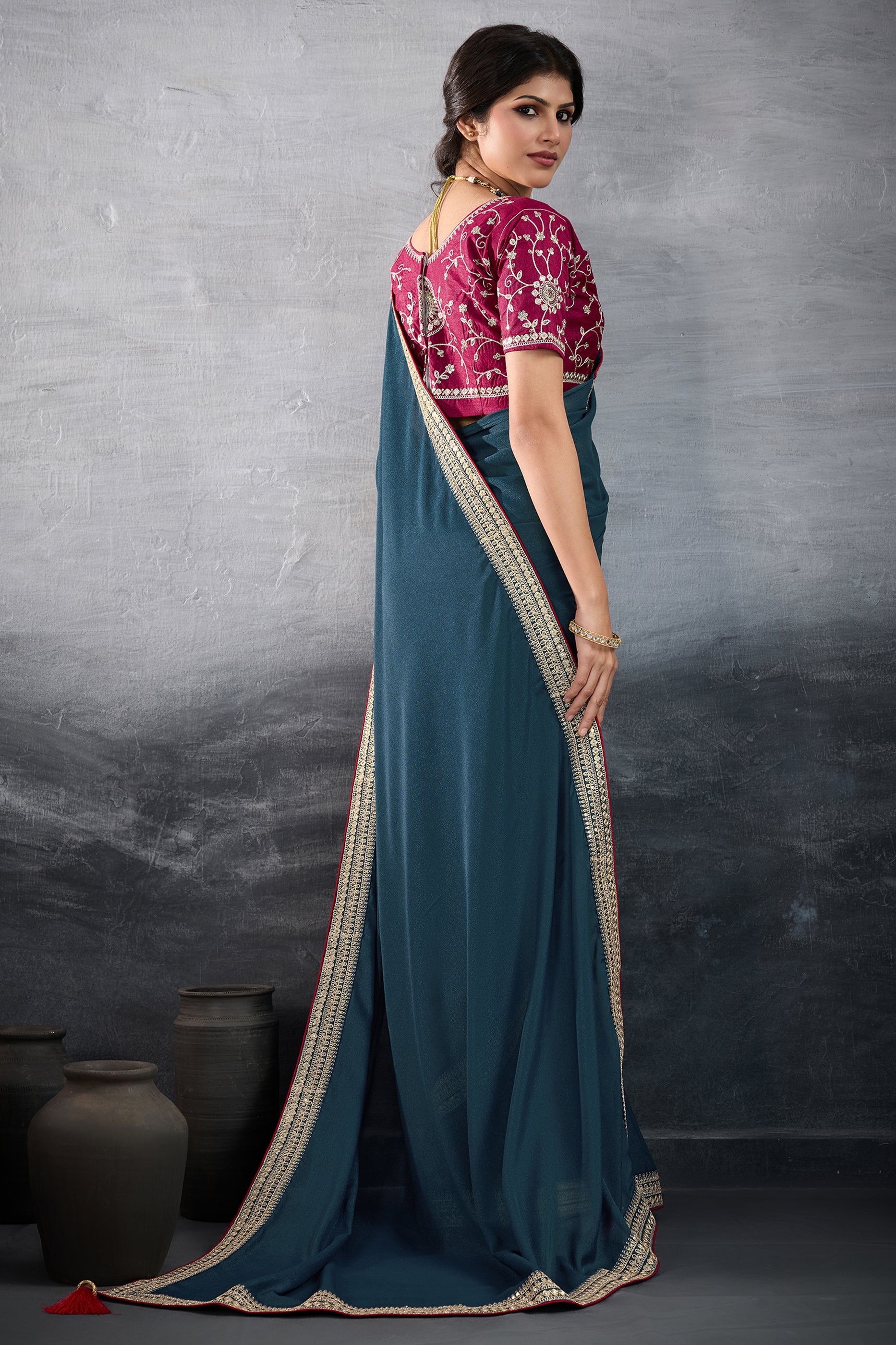 Teal Blue Embroidered Georgette Saree-SAR10600_4_SareeButa.com