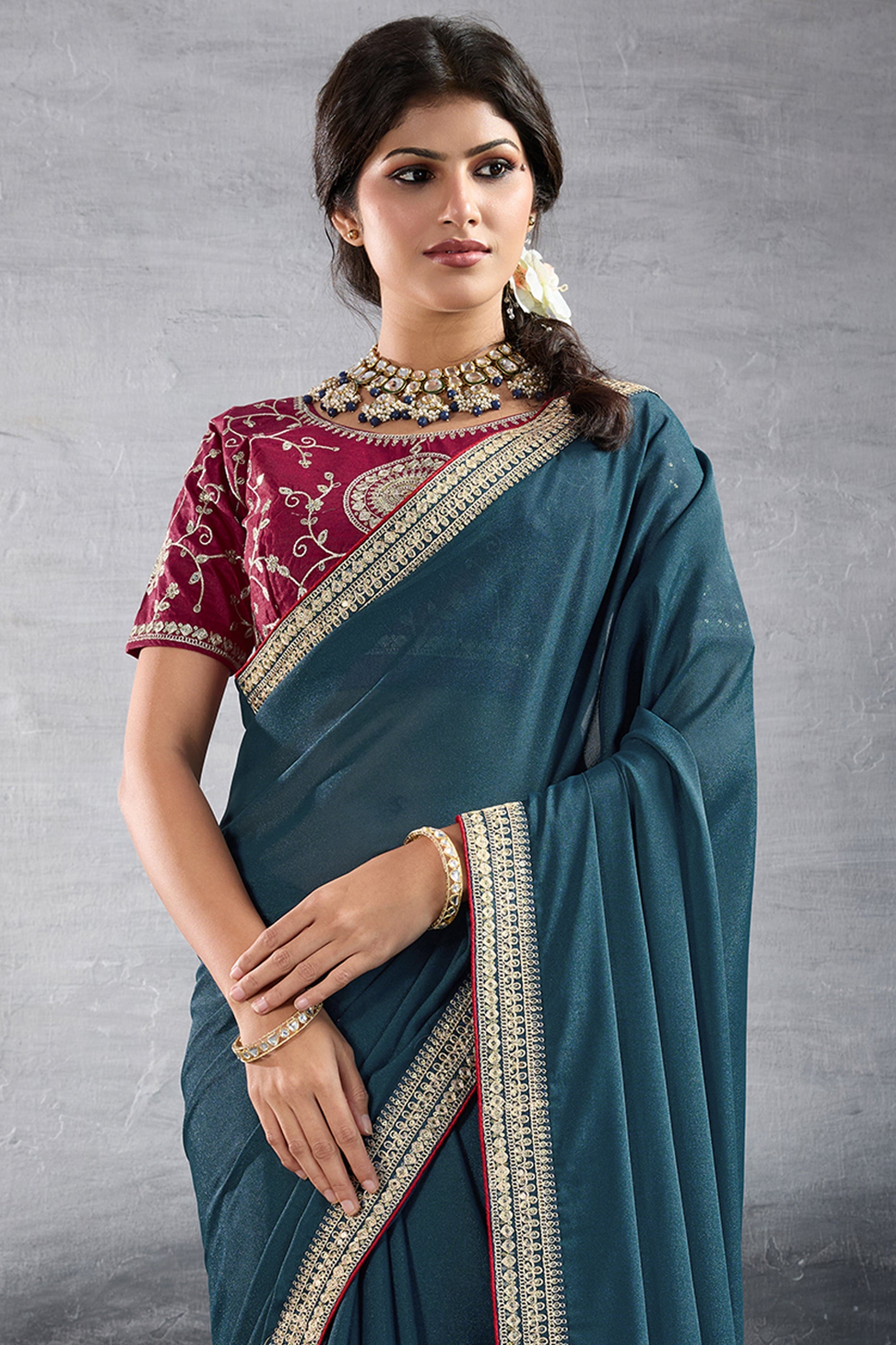 Teal Blue Embroidered Georgette Saree-SAR10600_5_SareeButa.com