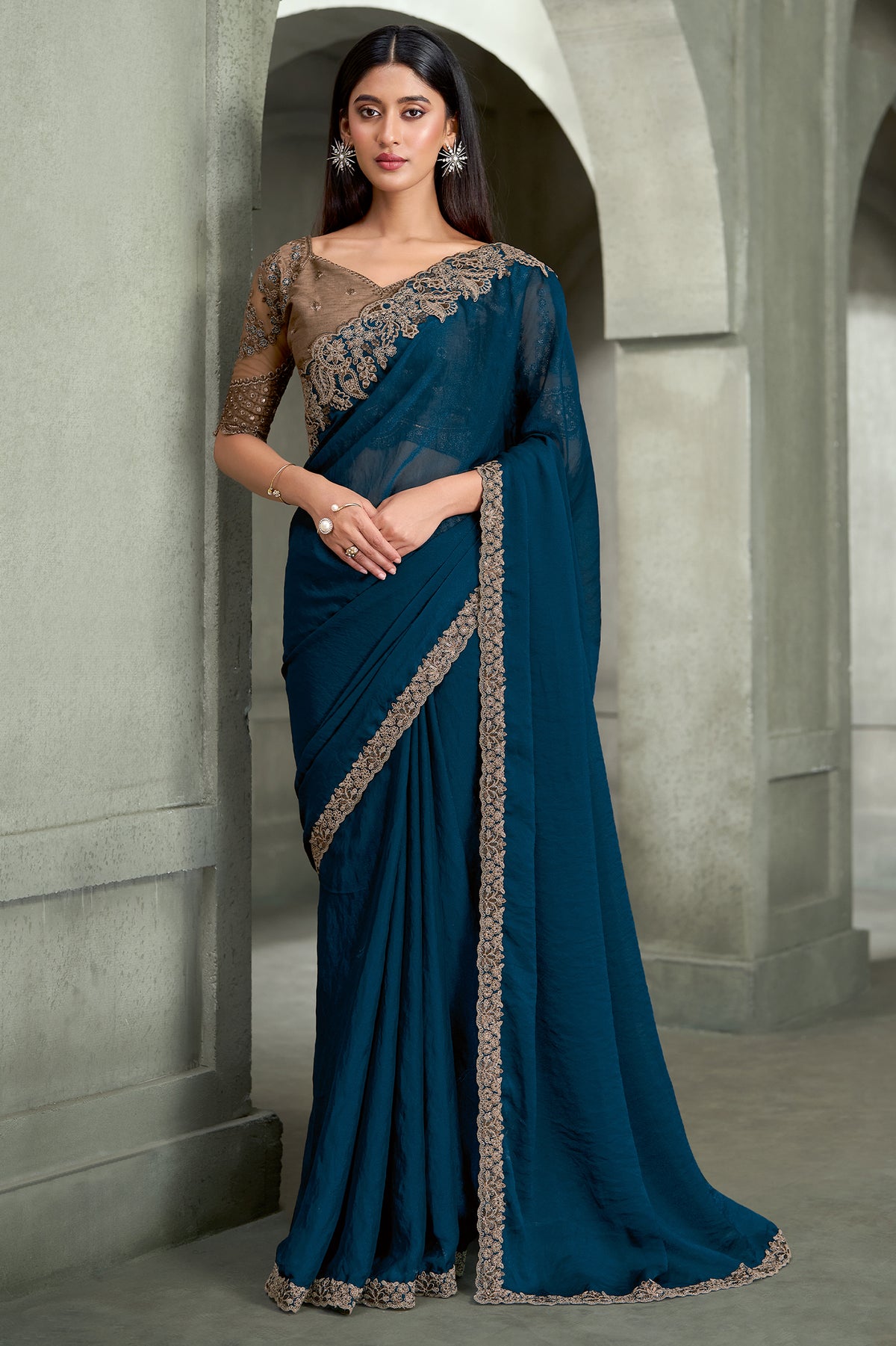 Teal Blue Embroidered Georgette Saree-SAR13281_1_SareeButa.com
