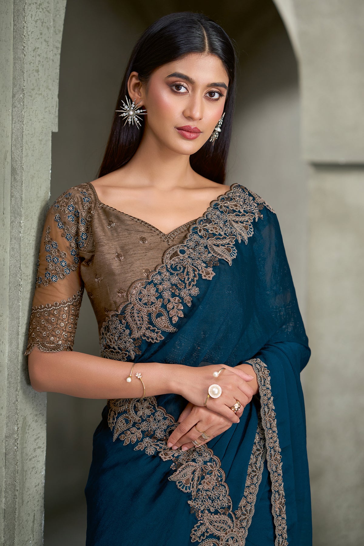 Teal Blue Embroidered Georgette Saree-SAR13281_2_SareeButa.com
