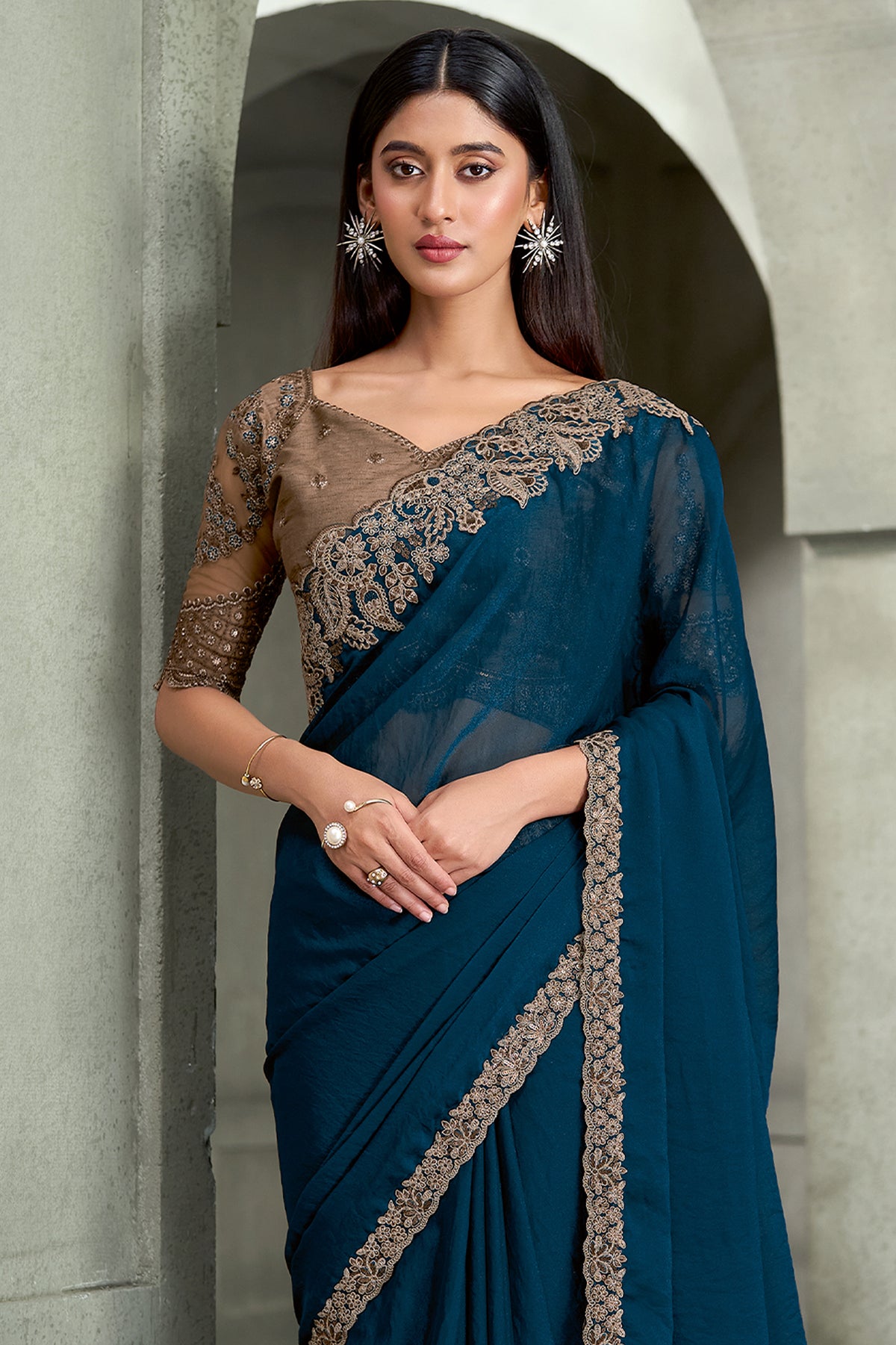 Teal Blue Embroidered Georgette Saree-SAR13281_3_SareeButa.com