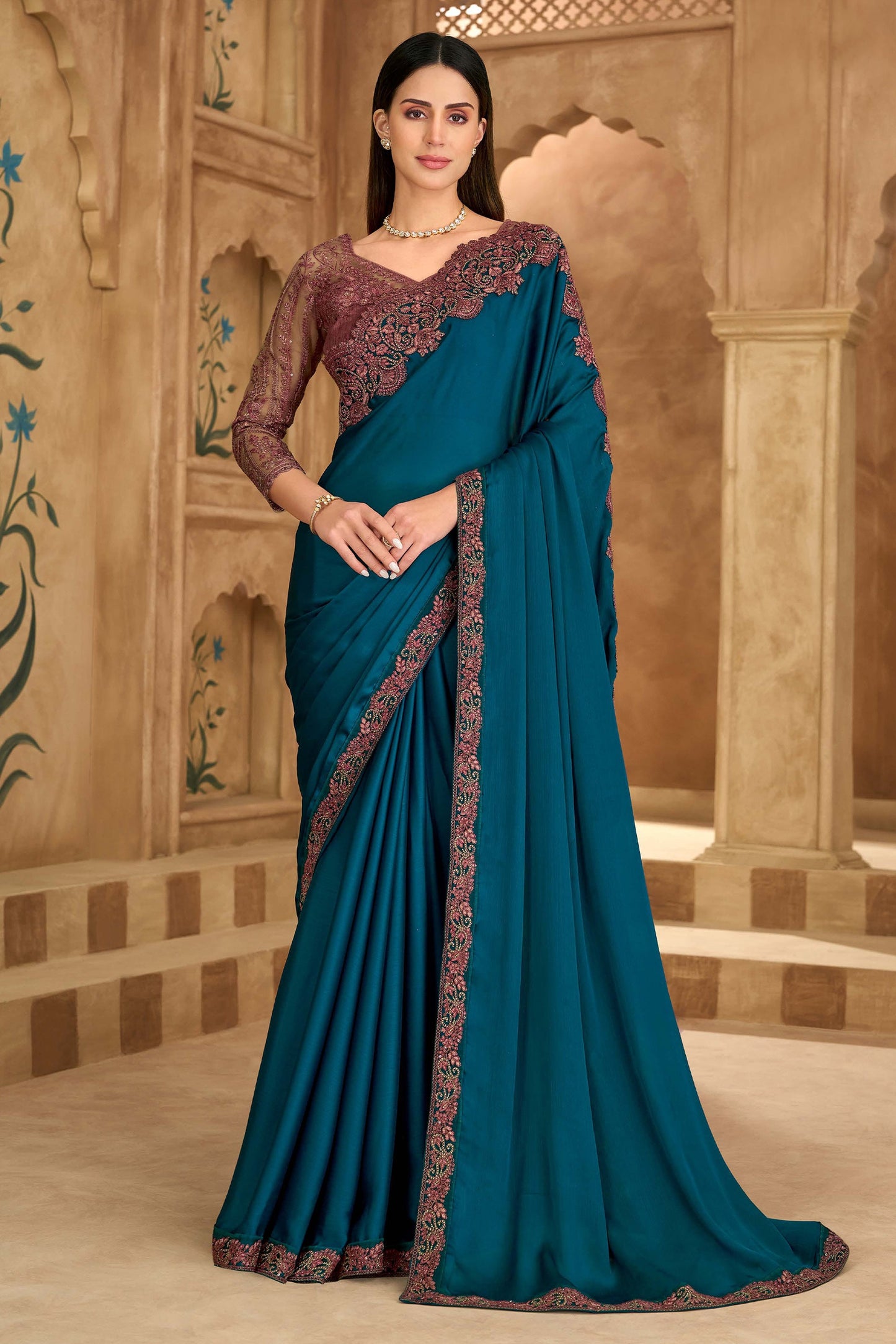 Teal Blue Embroidered Satin Chiffon Saree-SAR11703_1_SareeButa.com