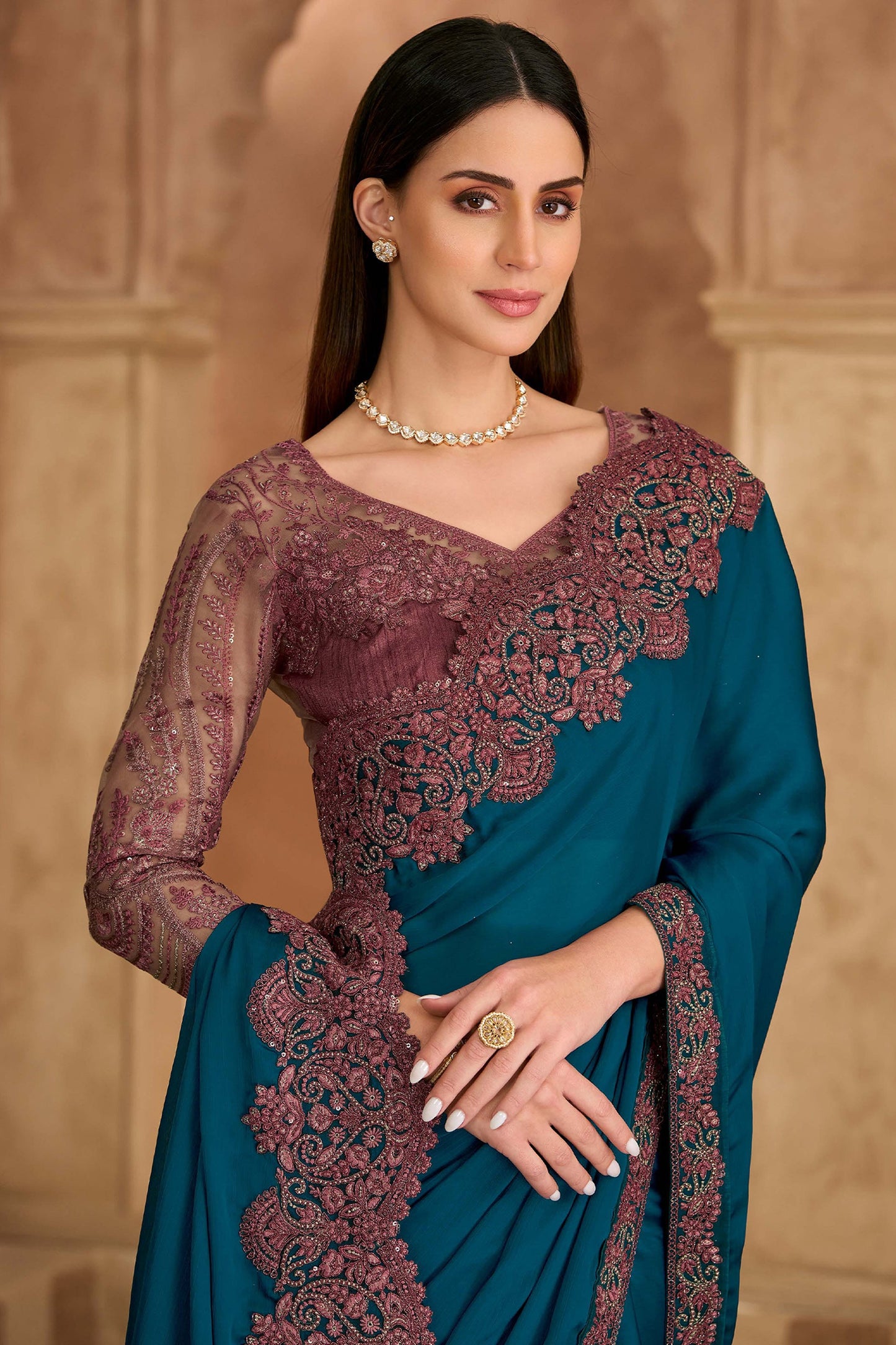 Teal Blue Embroidered Satin Chiffon Saree-SAR11703_2_SareeButa.com