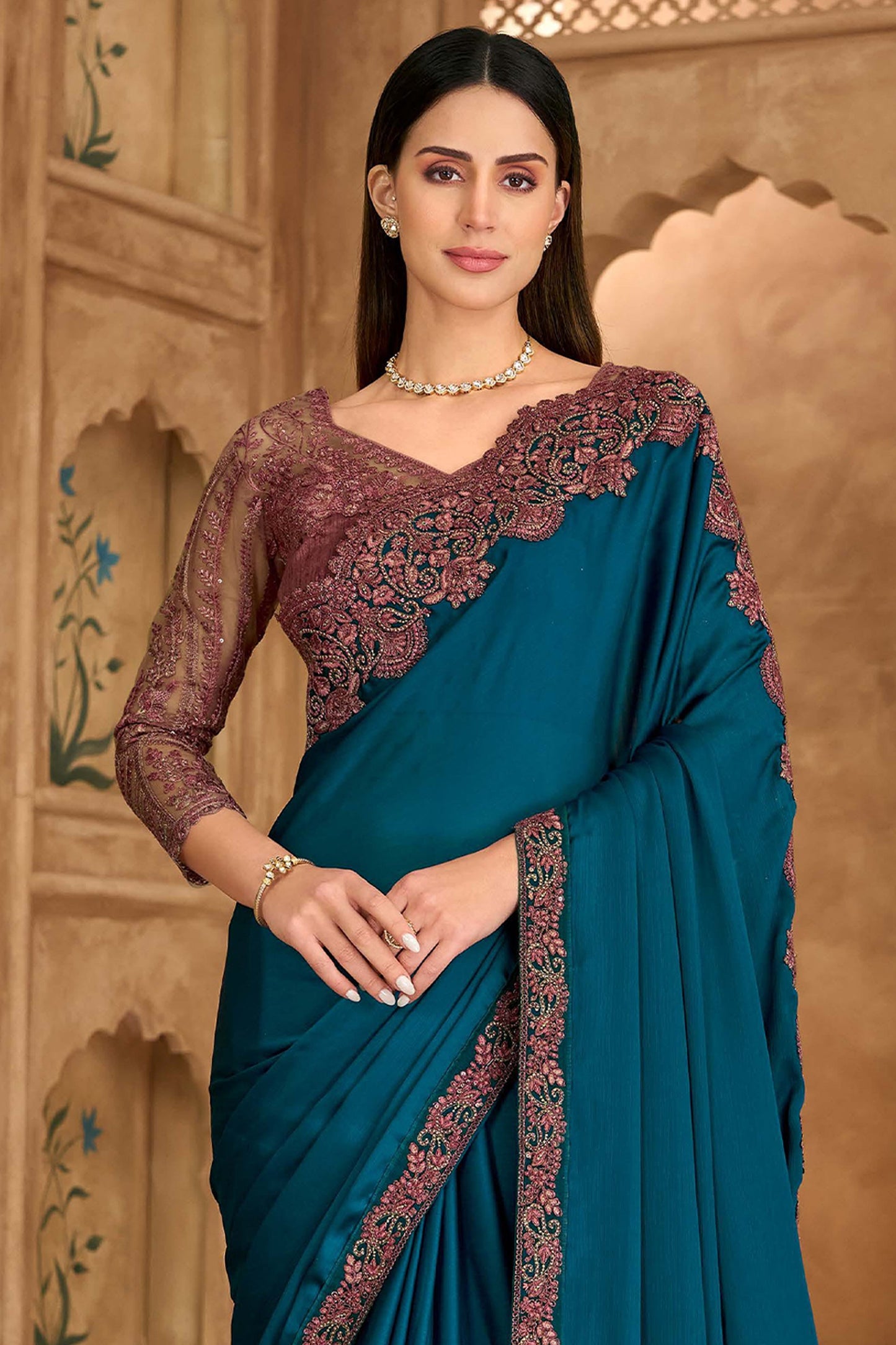 Teal Blue Embroidered Satin Chiffon Saree-SAR11703_3_SareeButa.com