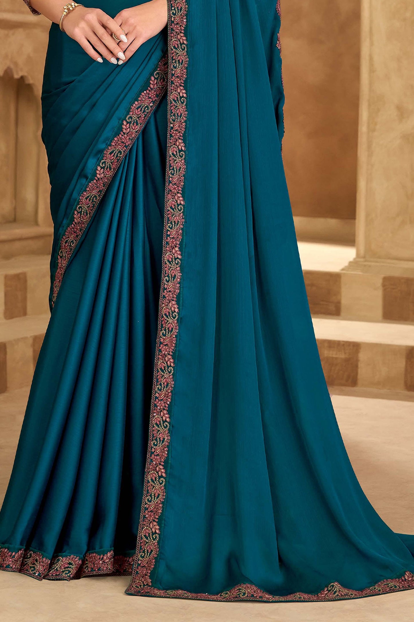 Teal Blue Embroidered Satin Chiffon Saree-SAR11703_4_SareeButa.com