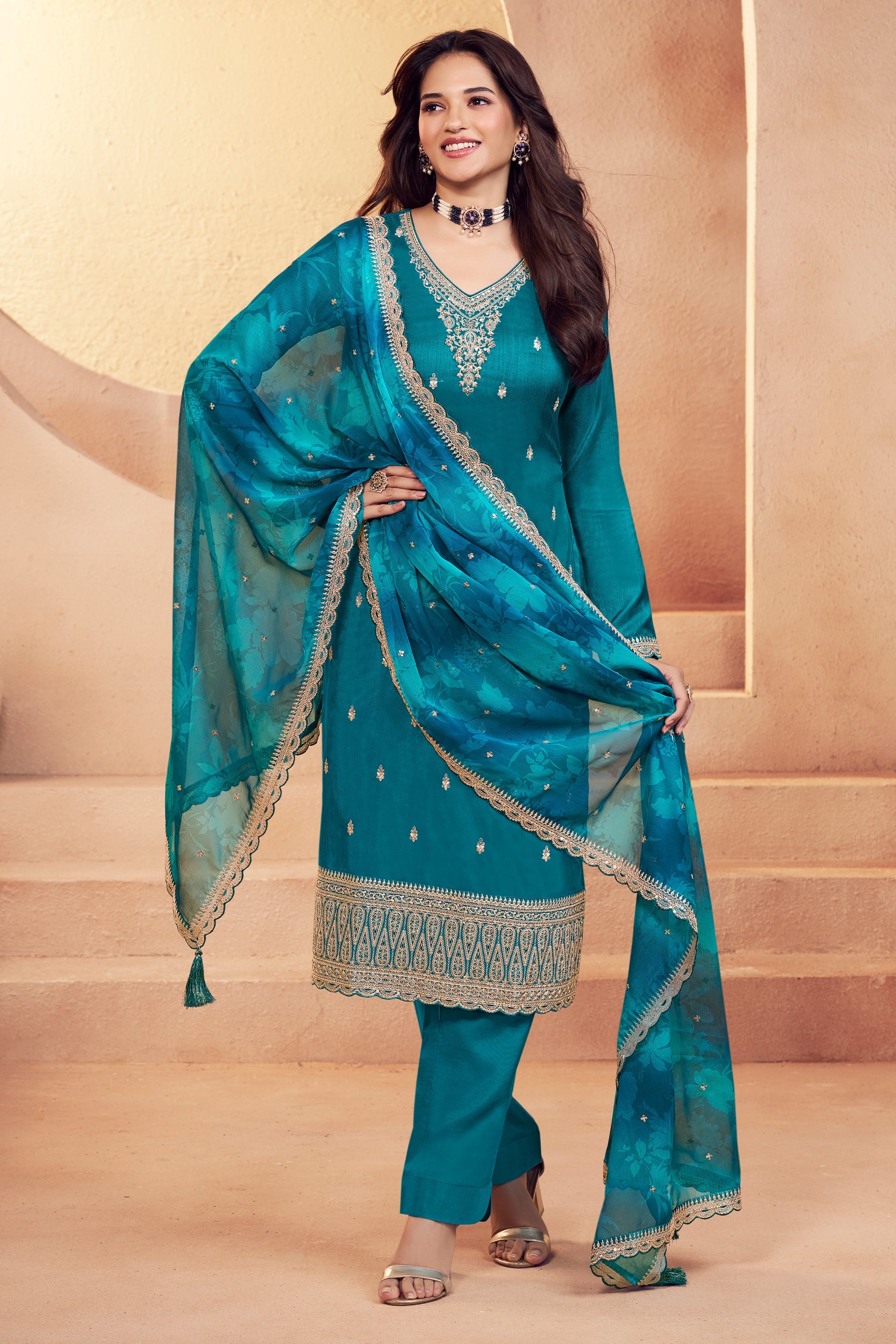Teal Blue Embroidered Silk Suit-SAR11732_1_SareeButa.com