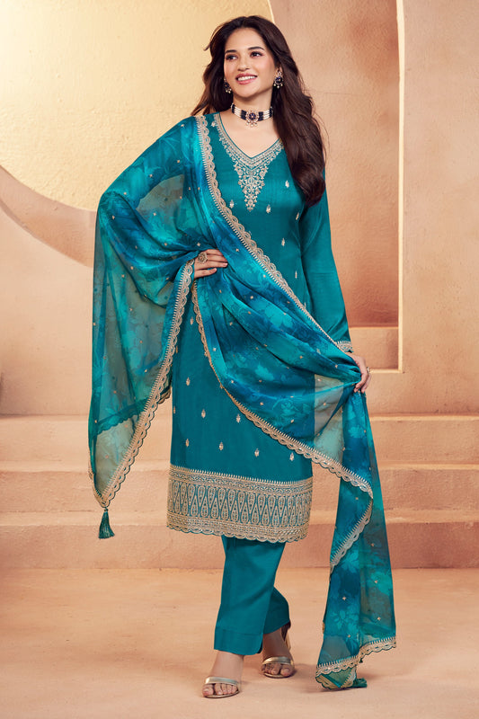 Teal Blue Embroidered Silk Suit-SAR11732_1_SareeButa.com