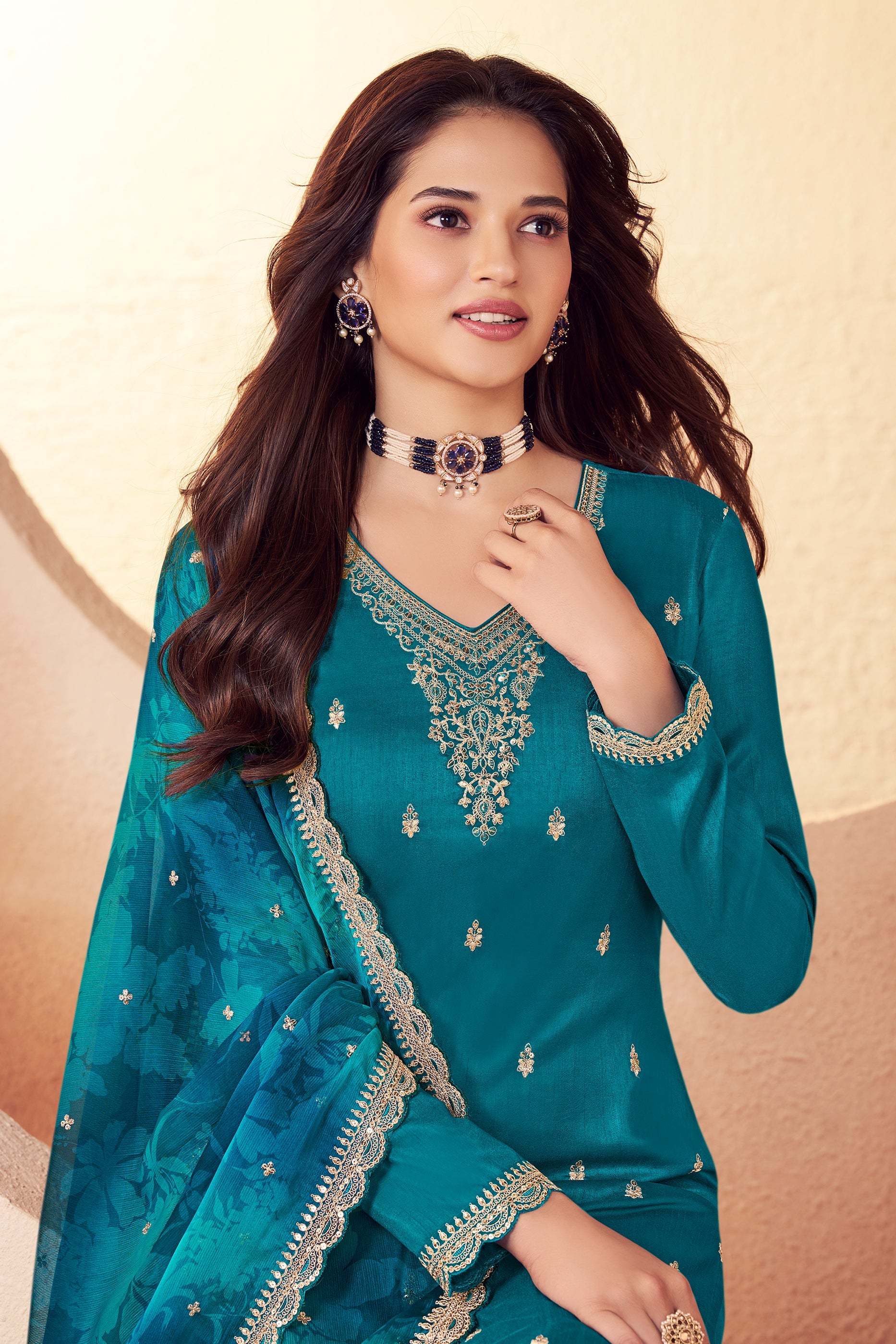 Teal Blue Embroidered Silk Suit-SAR11732_2_SareeButa.com