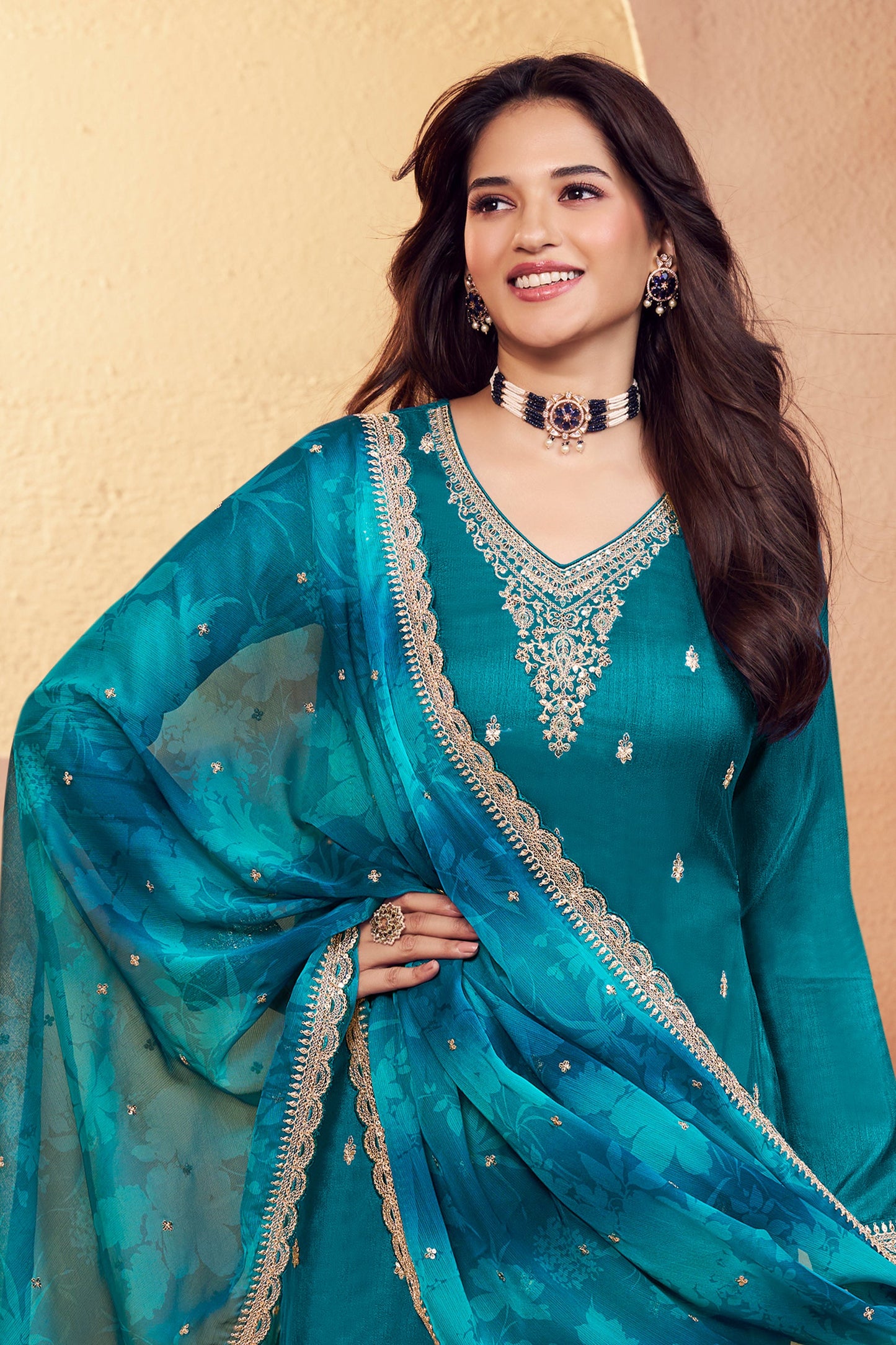 Teal Blue Embroidered Silk Suit-SAR11732_3_SareeButa.com