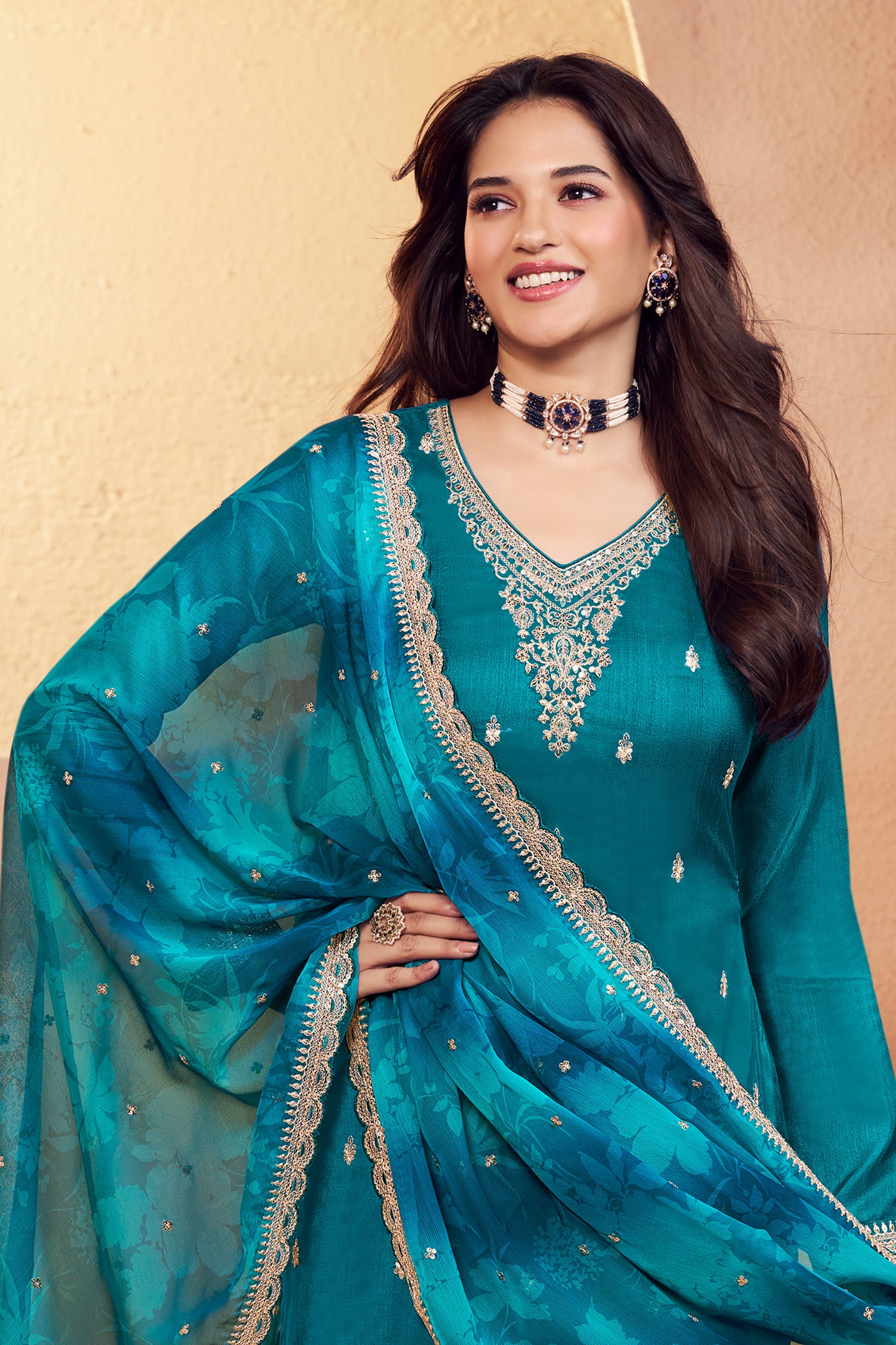 Teal Blue Embroidered Silk Suit-SAR11732_3_SareeButa.com