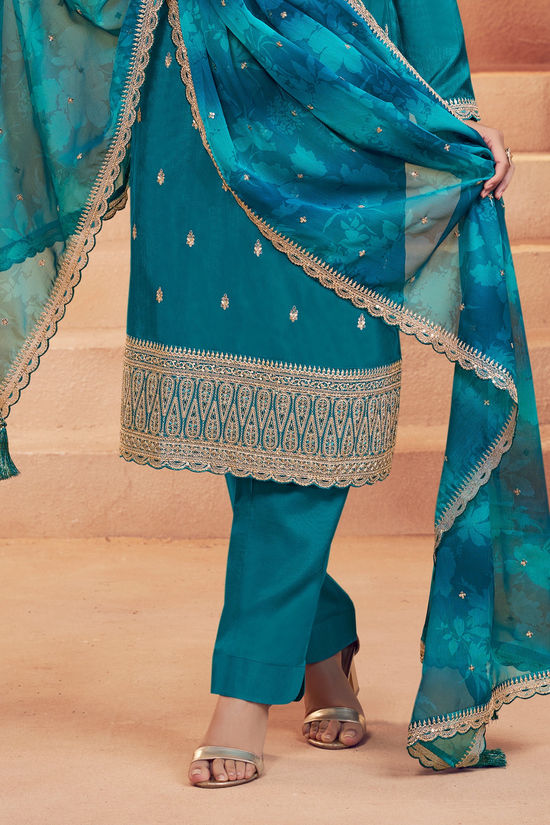 Teal Blue Embroidered Silk Suit-SAR11732_4_SareeButa.com