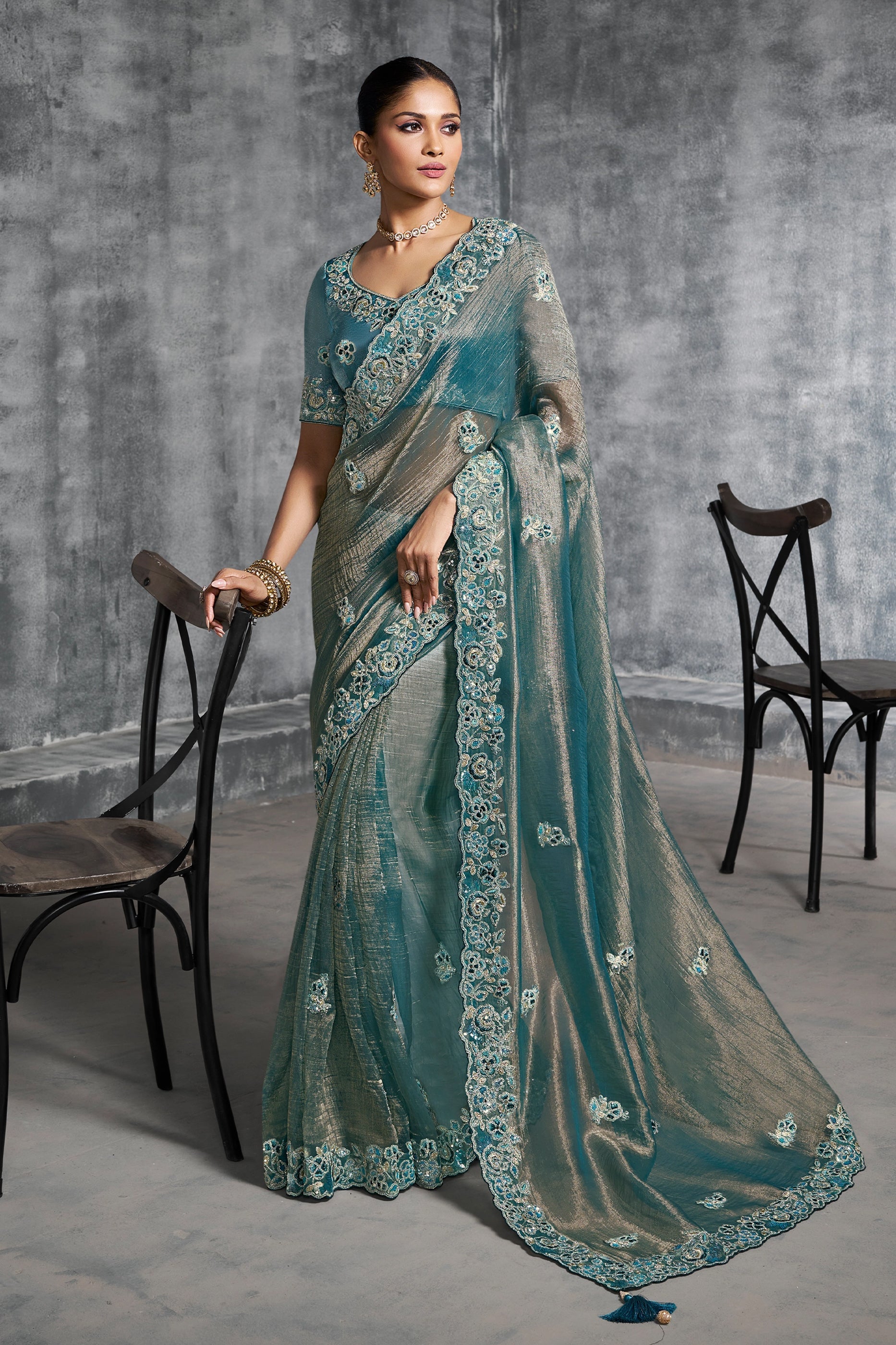 Teal Blue Embroidered Tissue Silk Saree-SAR10448_1_SareeButa.com
