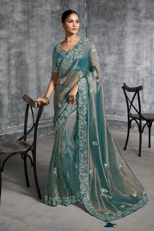 Teal Blue Embroidered Tissue Silk Saree-SAR10448_1_SareeButa.com