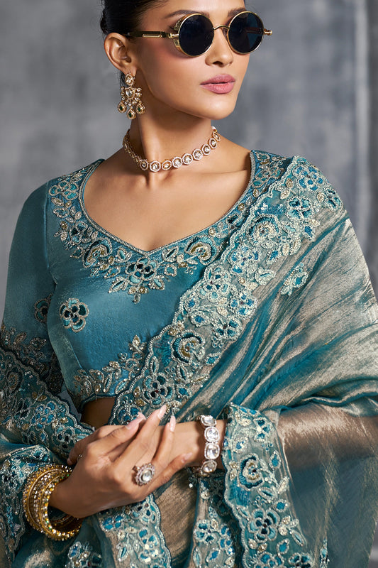 Teal Blue Embroidered Tissue Silk Saree-SAR10448_2_SareeButa.com