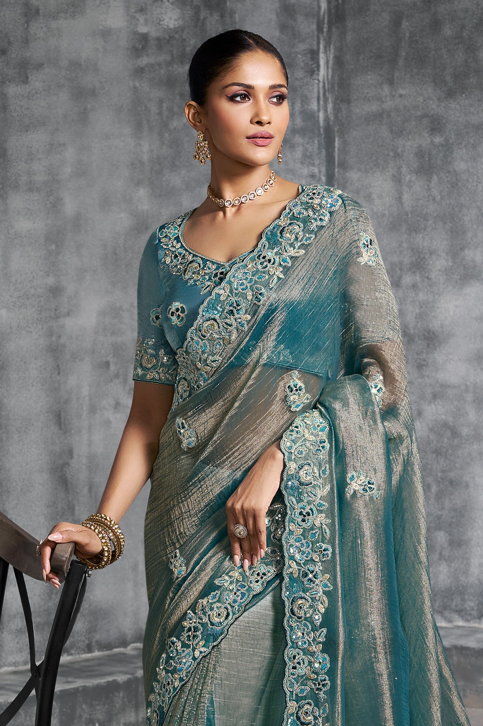 Teal Blue Embroidered Tissue Silk Saree-SAR10448_4_SareeButa.com