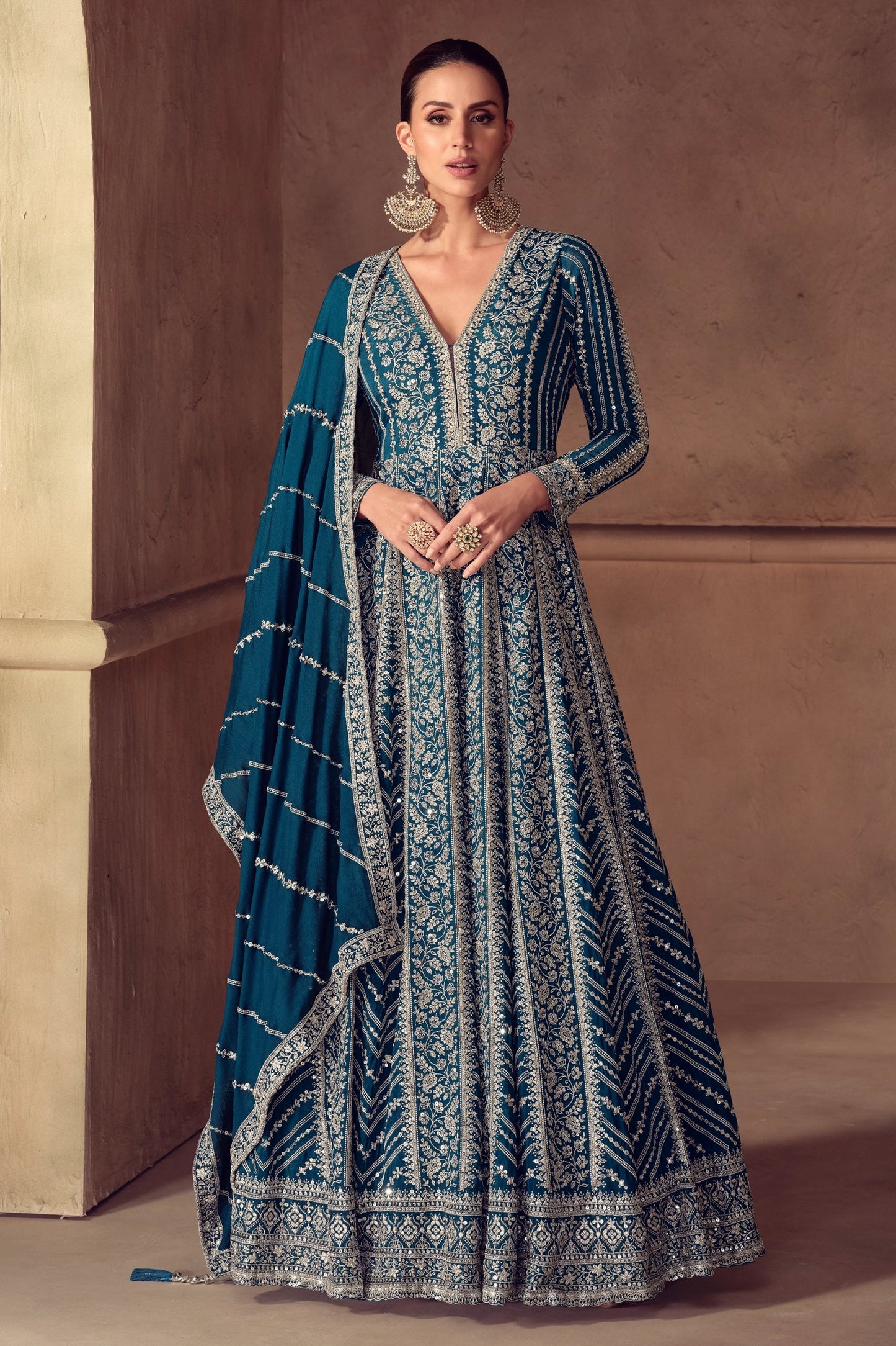 Teal Blue Readymade Chinon Gown With Dupatta-SAR11051_1_SareeButa.com
