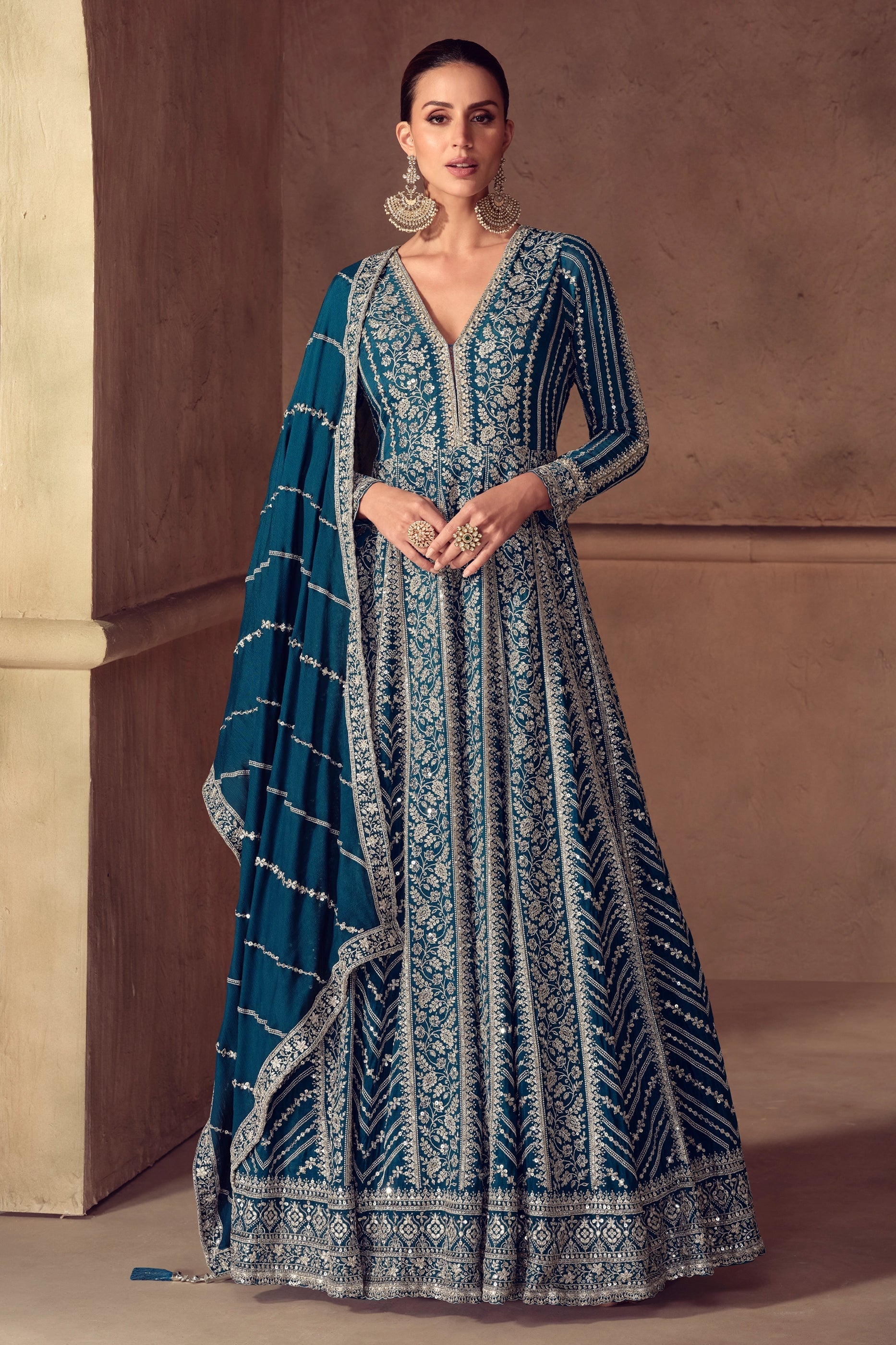 Teal Blue Readymade Chinon Gown With Dupatta-SAR11051_1_SareeButa.com