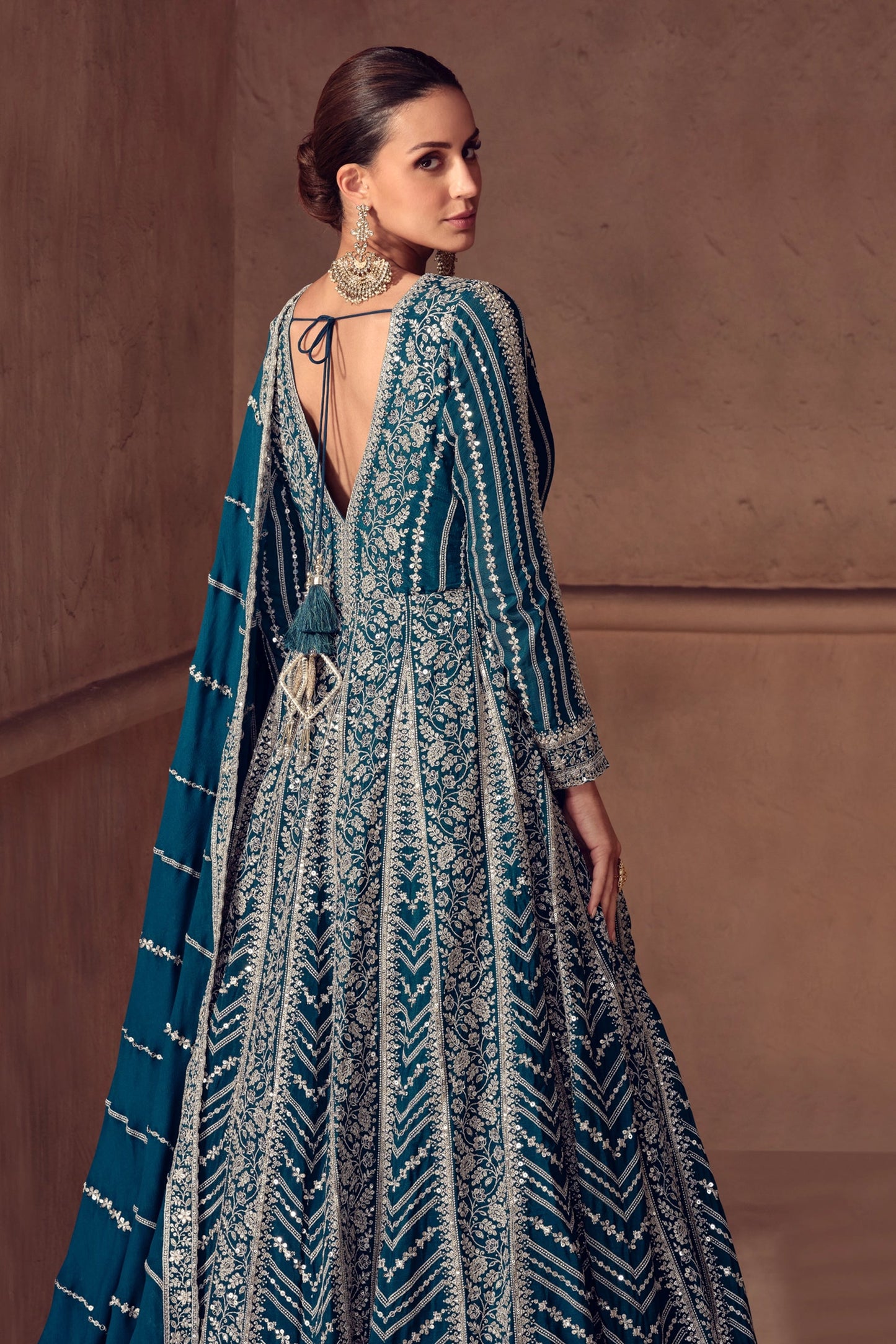 Teal Blue Readymade Chinon Gown With Dupatta-SAR11051_3_SareeButa.com