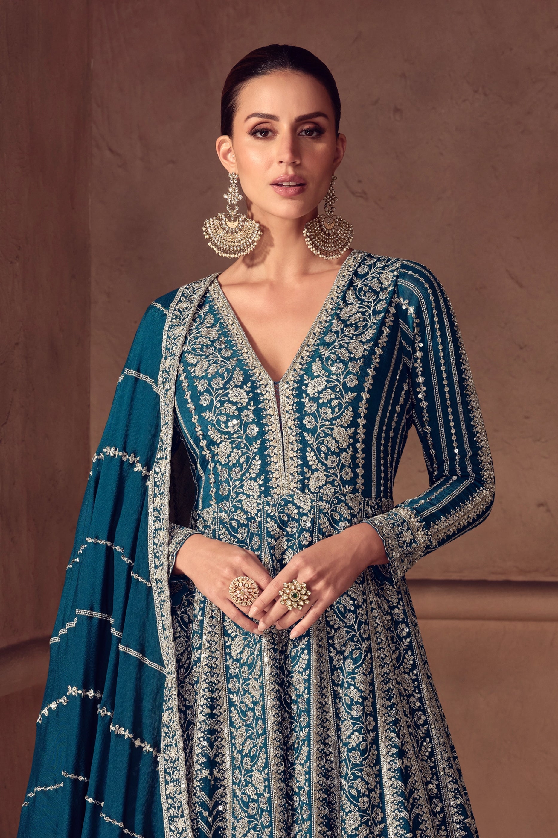 Teal Blue Readymade Chinon Gown With Dupatta-SAR11051_4_SareeButa.com