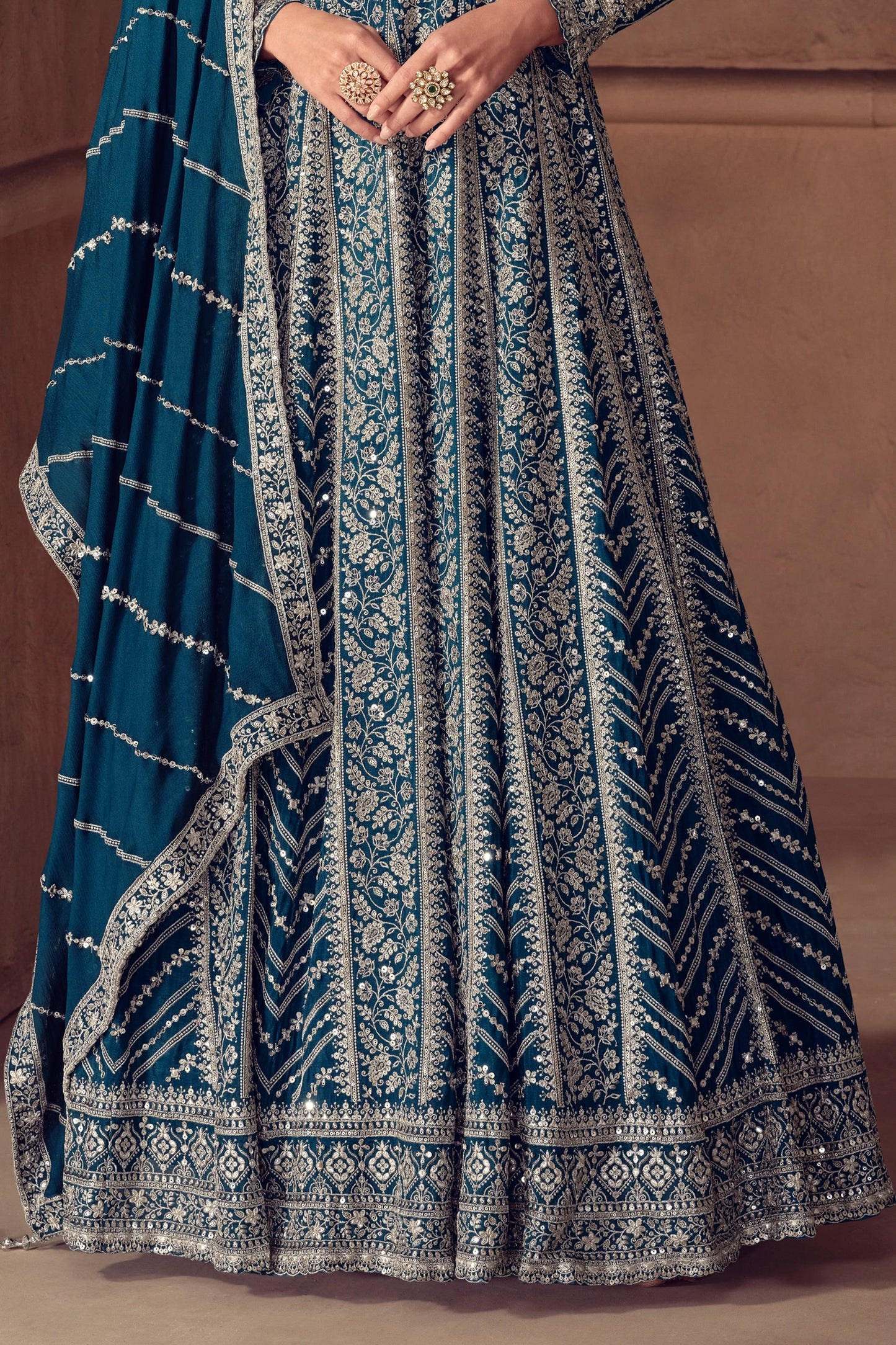 Teal Blue Readymade Chinon Gown With Dupatta-SAR11051_5_SareeButa.com