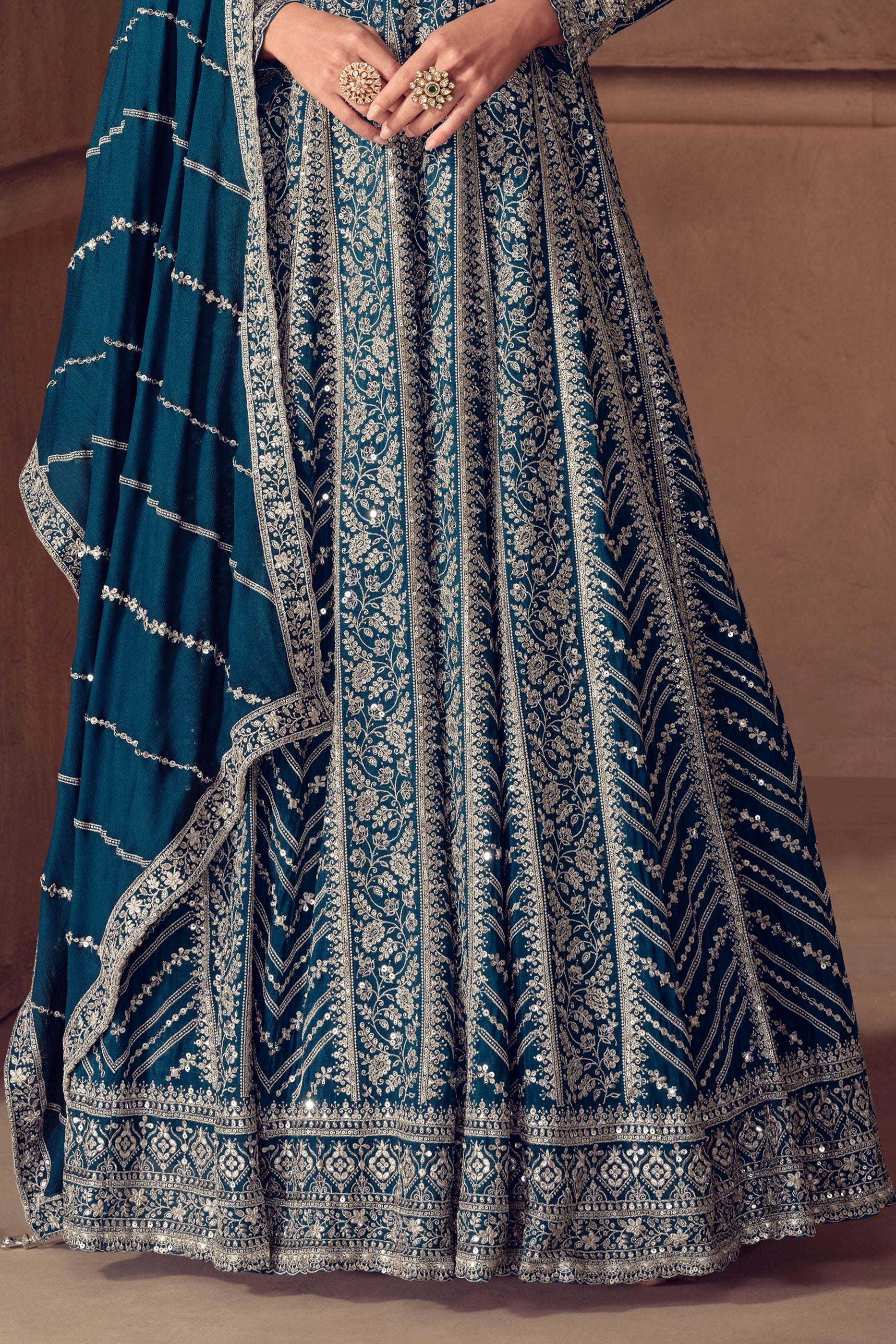 Teal Blue Readymade Chinon Gown With Dupatta-SAR11051_5_SareeButa.com