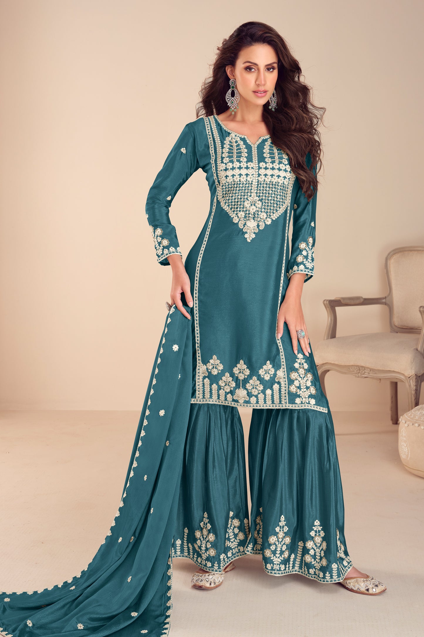 Teal Blue Readymade Embroidered Chinon Sharara Suit-SAR12186_1_SareeButa.com