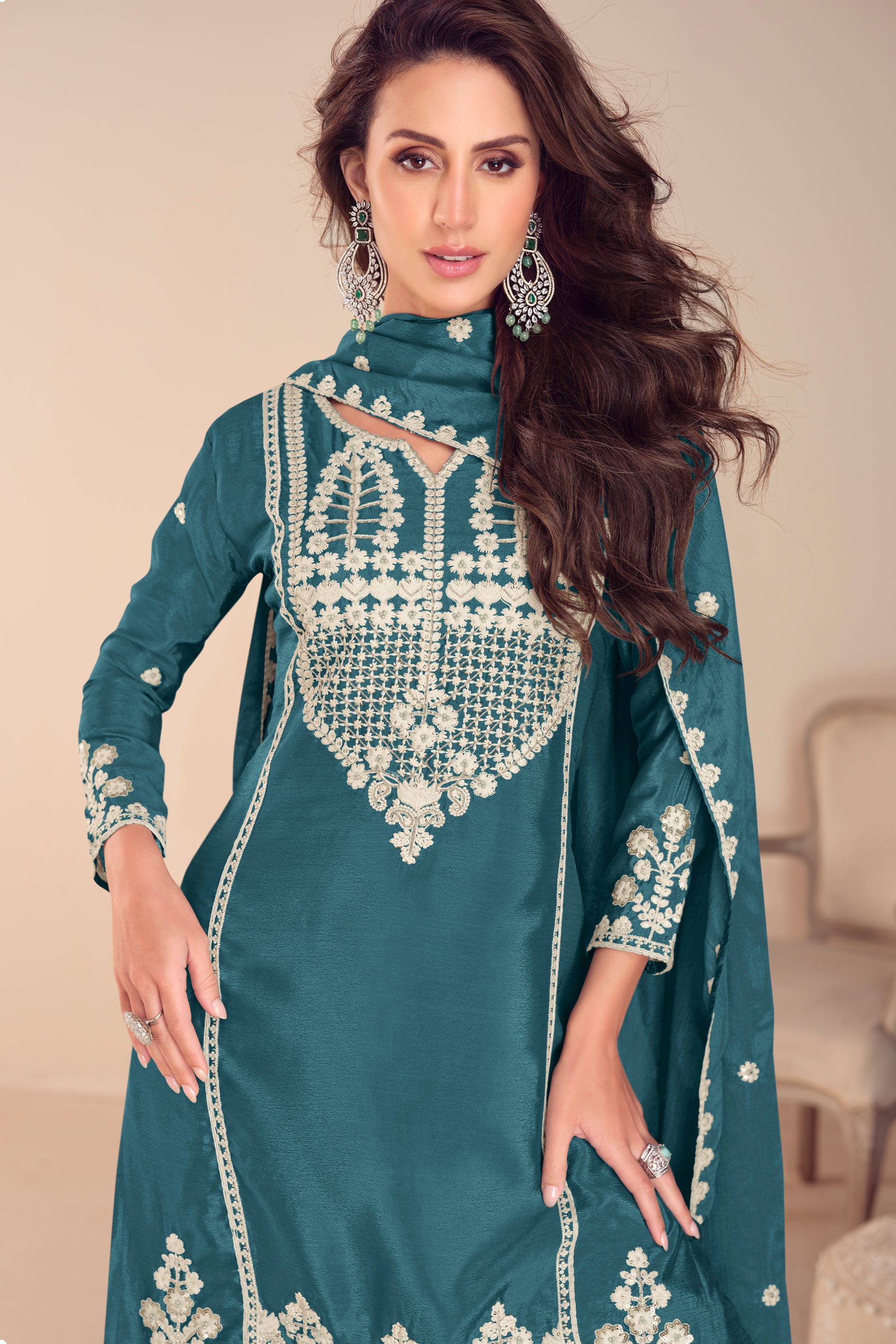 Teal Blue Readymade Embroidered Chinon Sharara Suit-SAR12186_2_SareeButa.com