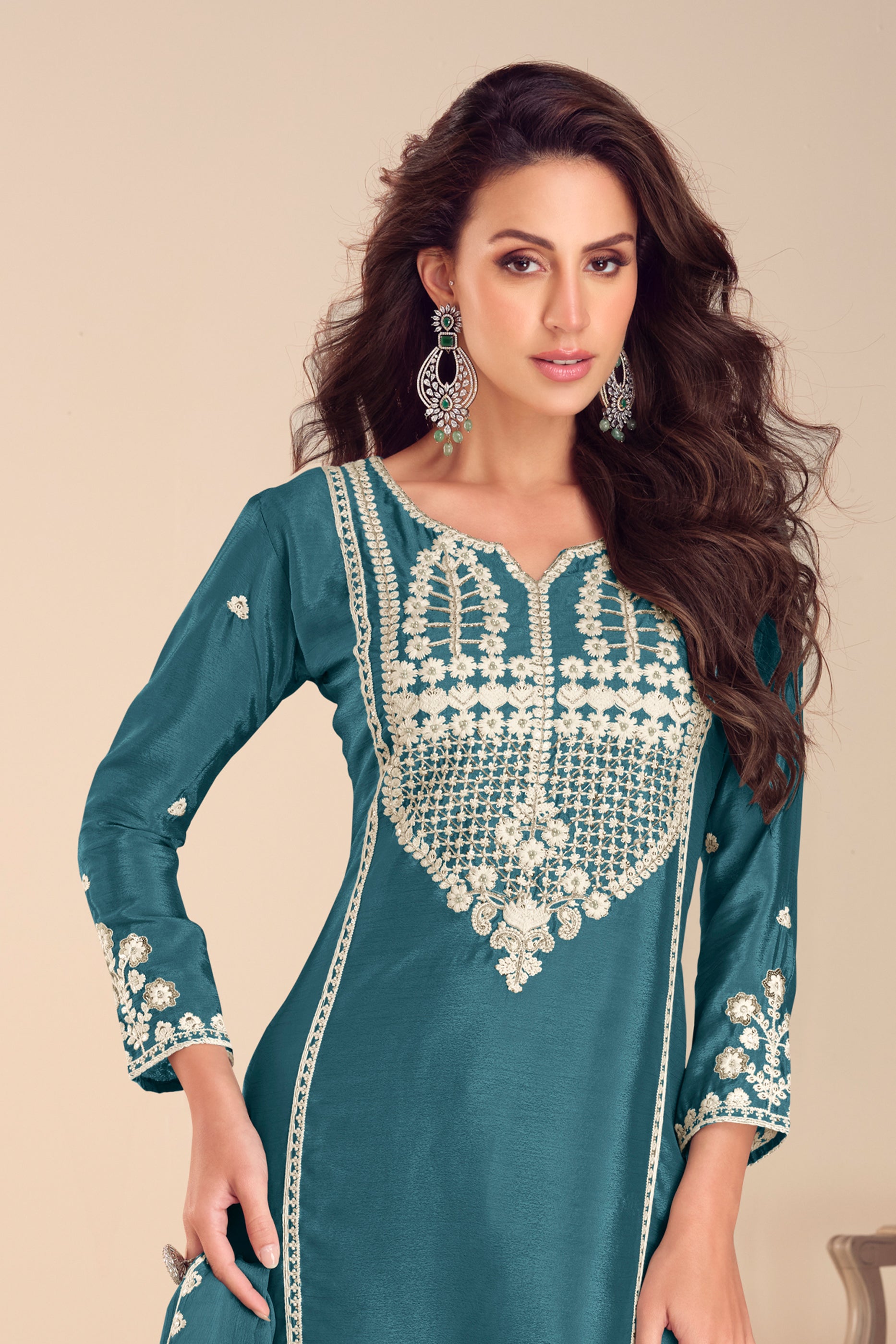 Teal Blue Readymade Embroidered Chinon Sharara Suit-SAR12186_3_SareeButa.com