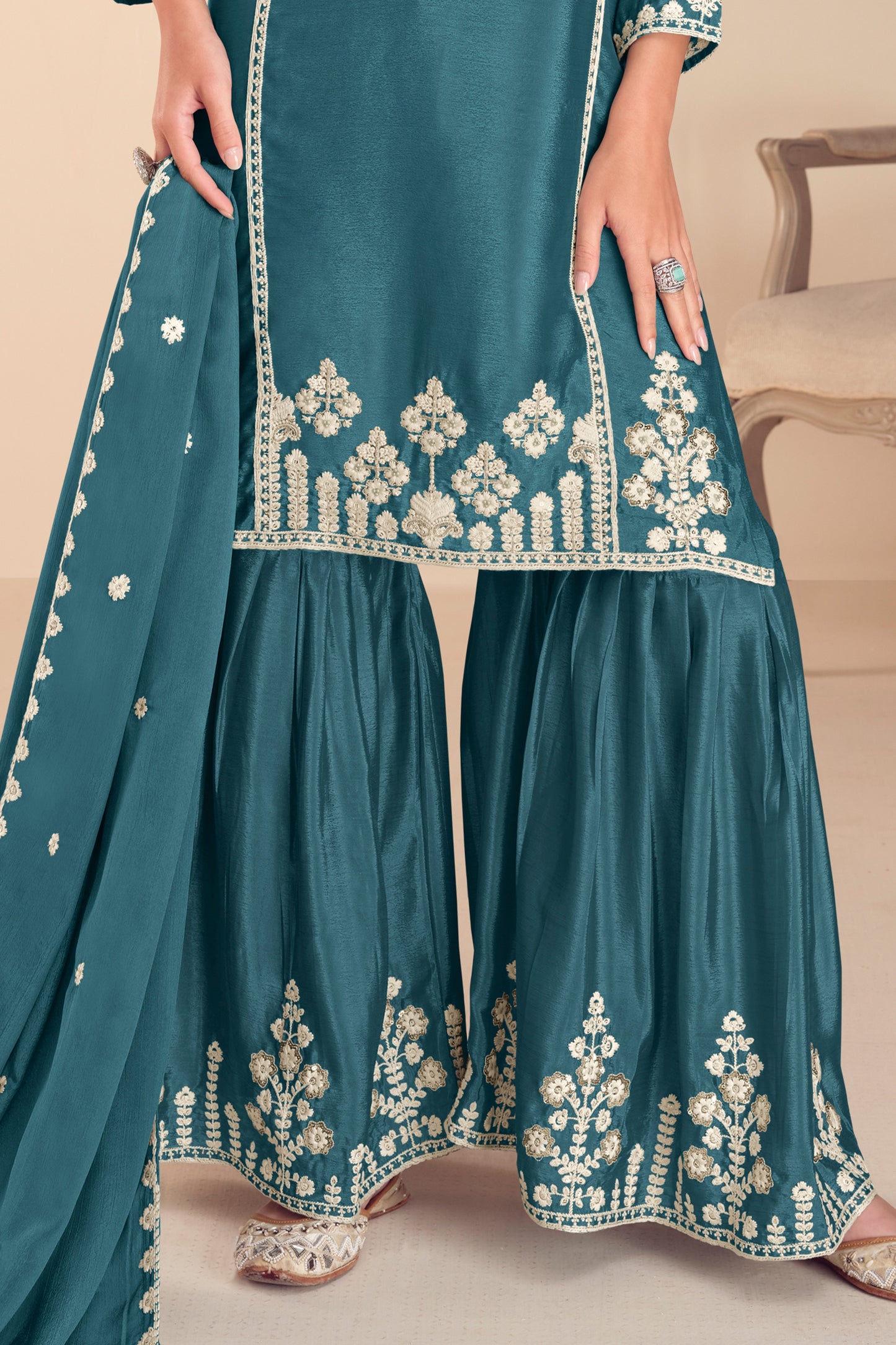 Teal Blue Readymade Embroidered Chinon Sharara Suit-SAR12186_4_SareeButa.com