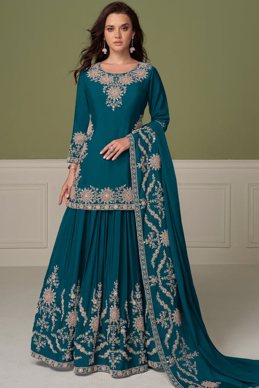 Teal Blue Readymade Embroidered Chinon Skirt Suit-SAR13545_1_SareeButa.com