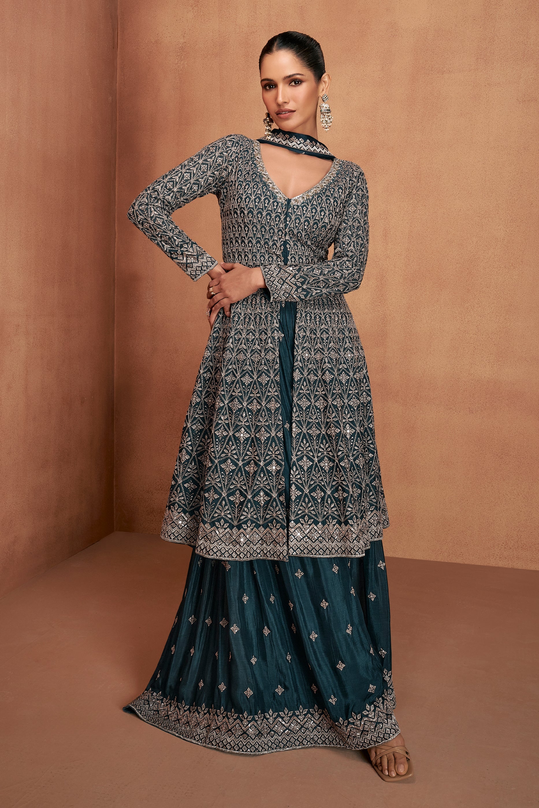 Teal Blue Readymade Embroidered Chinon Suit-SAR10943_1_SareeButa.com