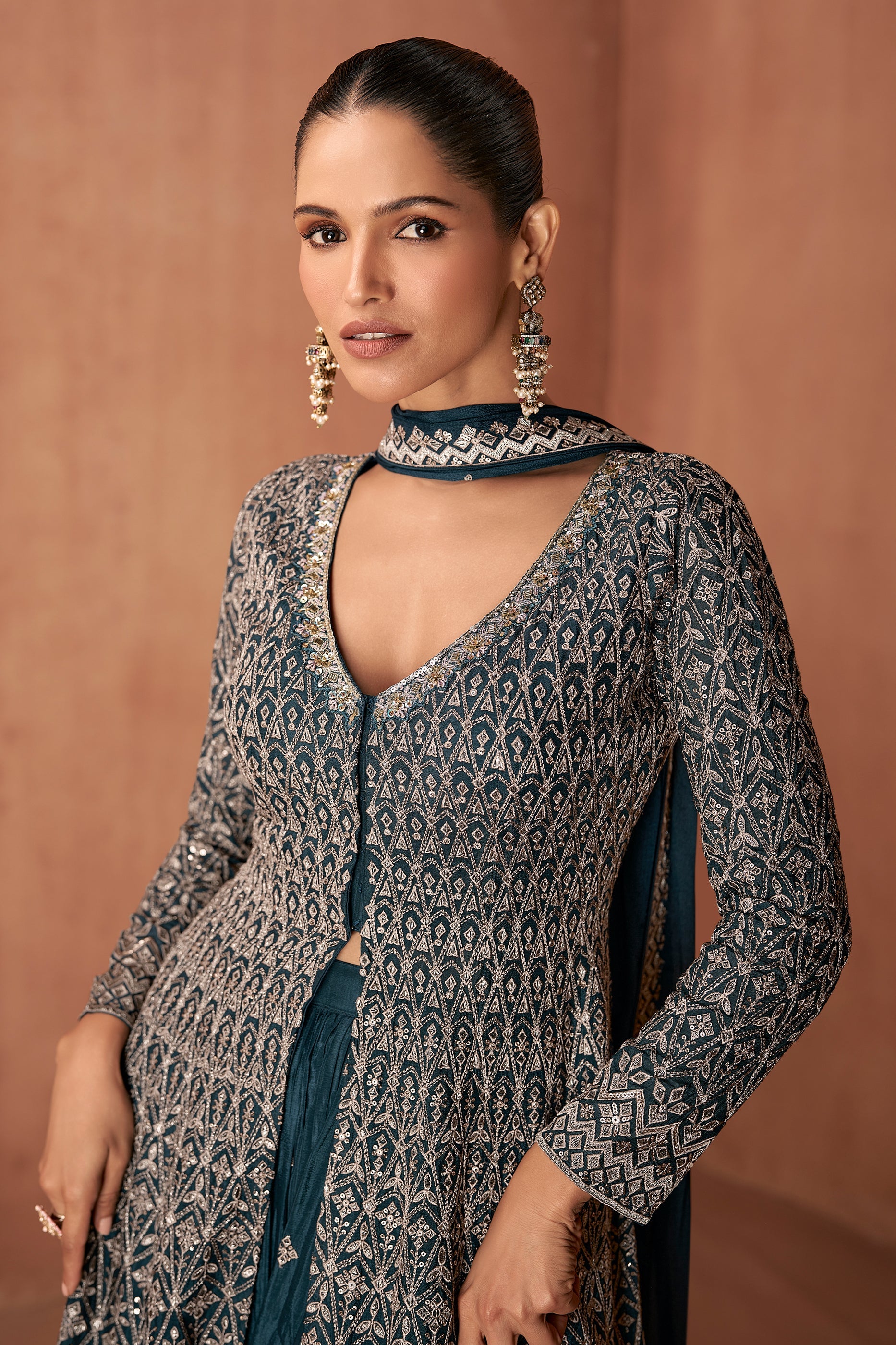Teal Blue Readymade Embroidered Chinon Suit-SAR10943_2_SareeButa.com