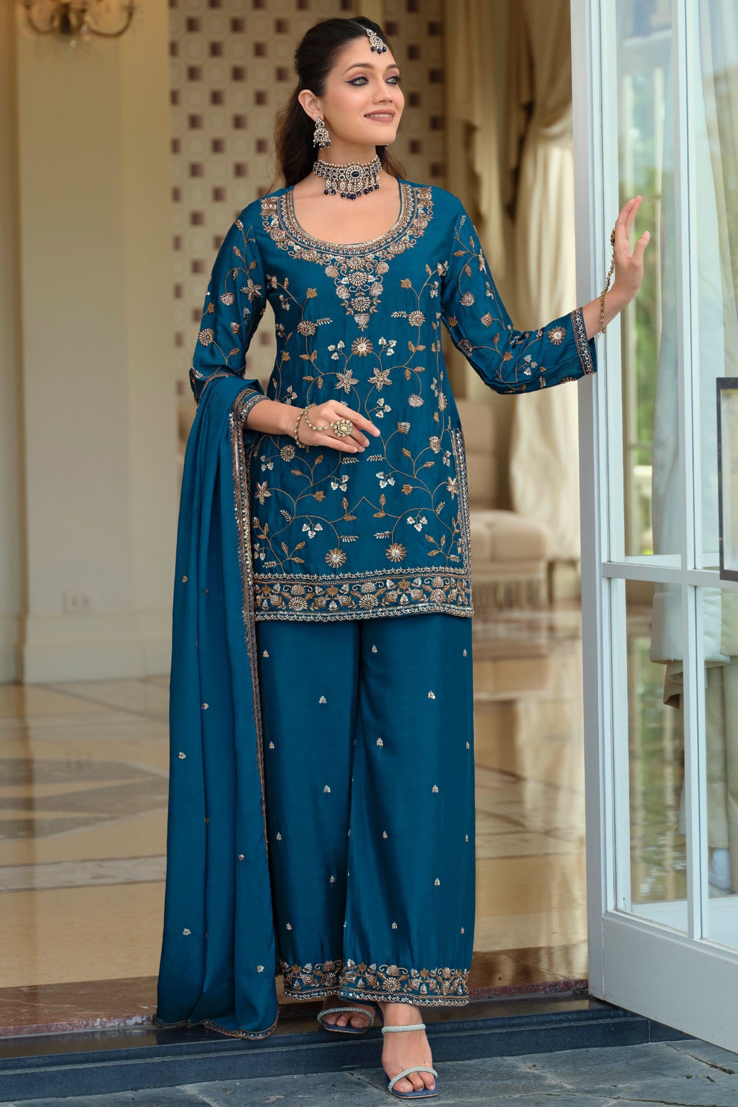 Teal Blue Readymade Embroidered Chinon Suit-SAR12124_1_SareeButa.com
