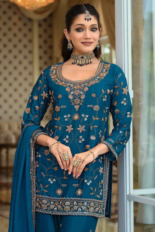 Teal Blue Readymade Embroidered Chinon Suit-SAR12124_2_SareeButa.com