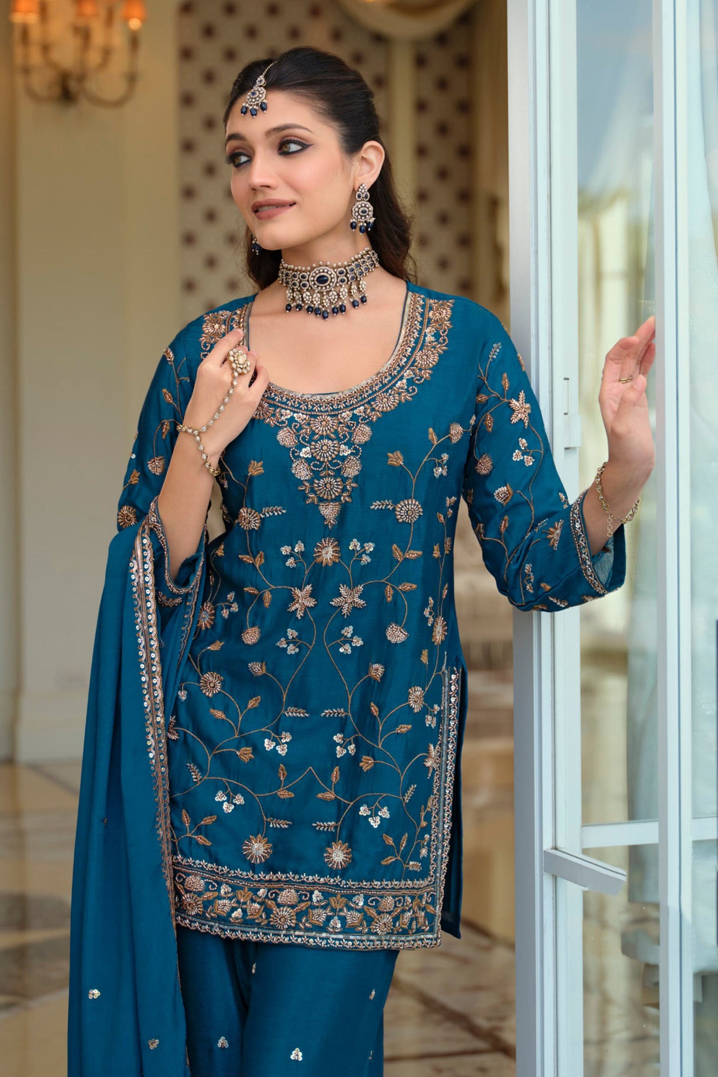 Teal Blue Readymade Embroidered Chinon Suit-SAR12124_3_SareeButa.com