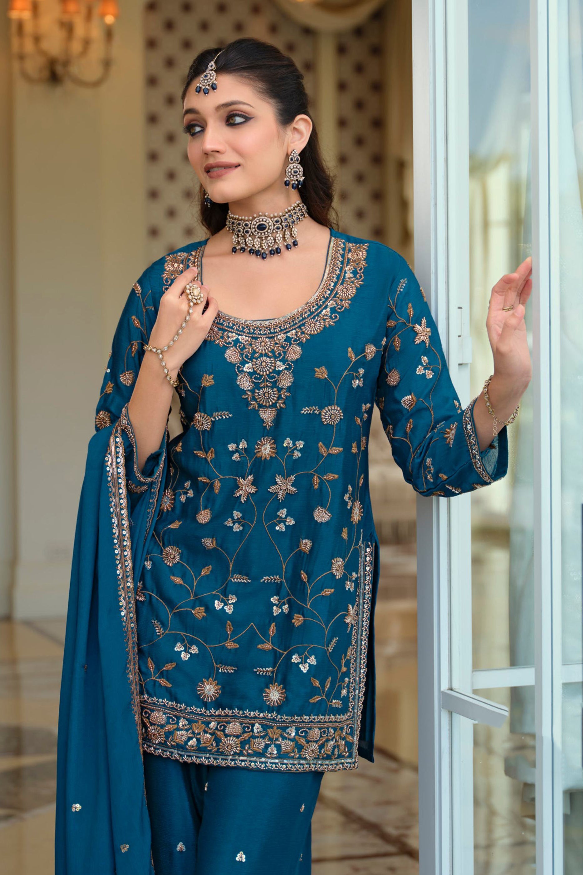 Teal Blue Readymade Embroidered Chinon Suit-SAR12124_3_SareeButa.com