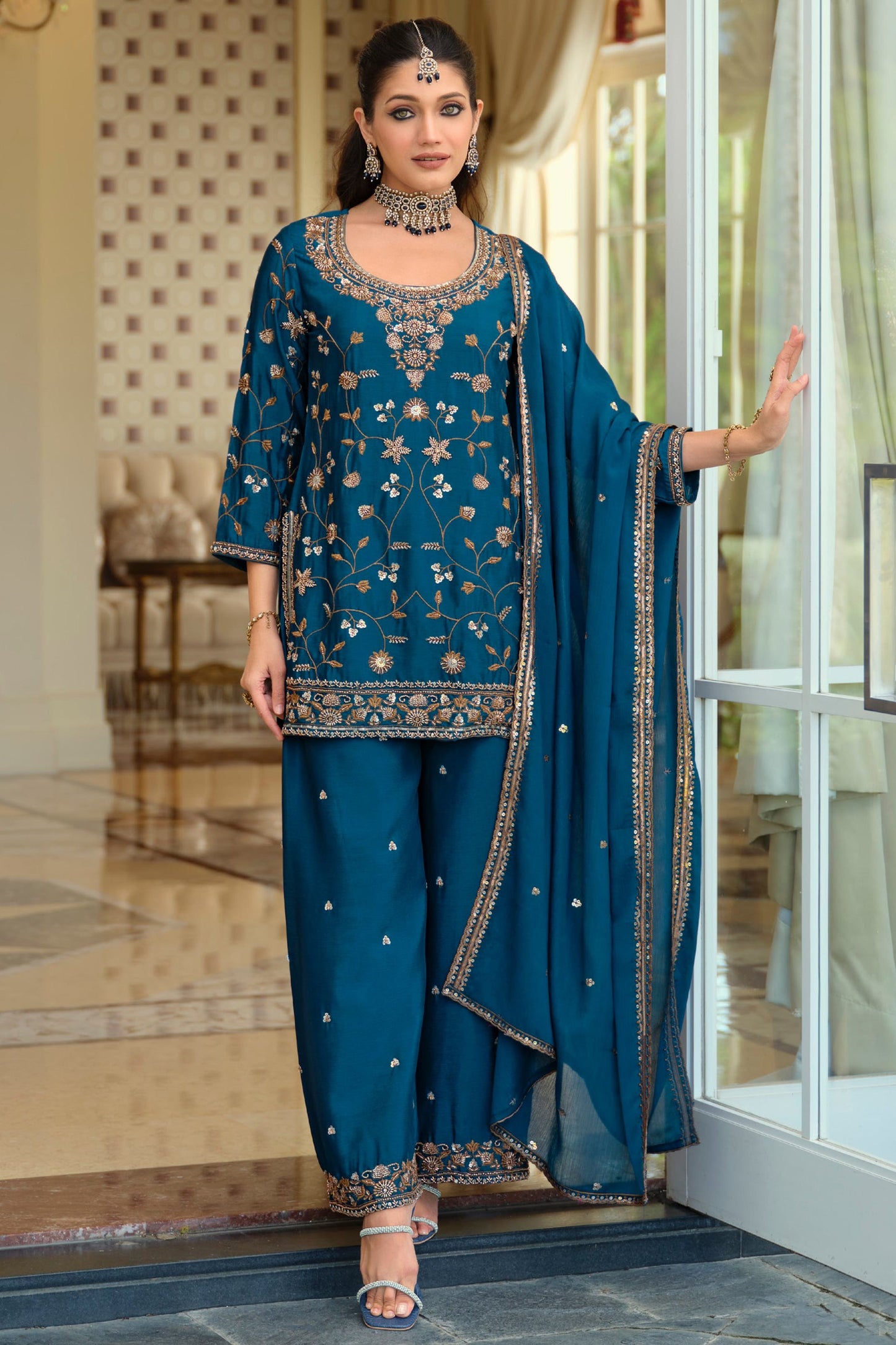 Teal Blue Readymade Embroidered Chinon Suit-SAR12124_4_SareeButa.com