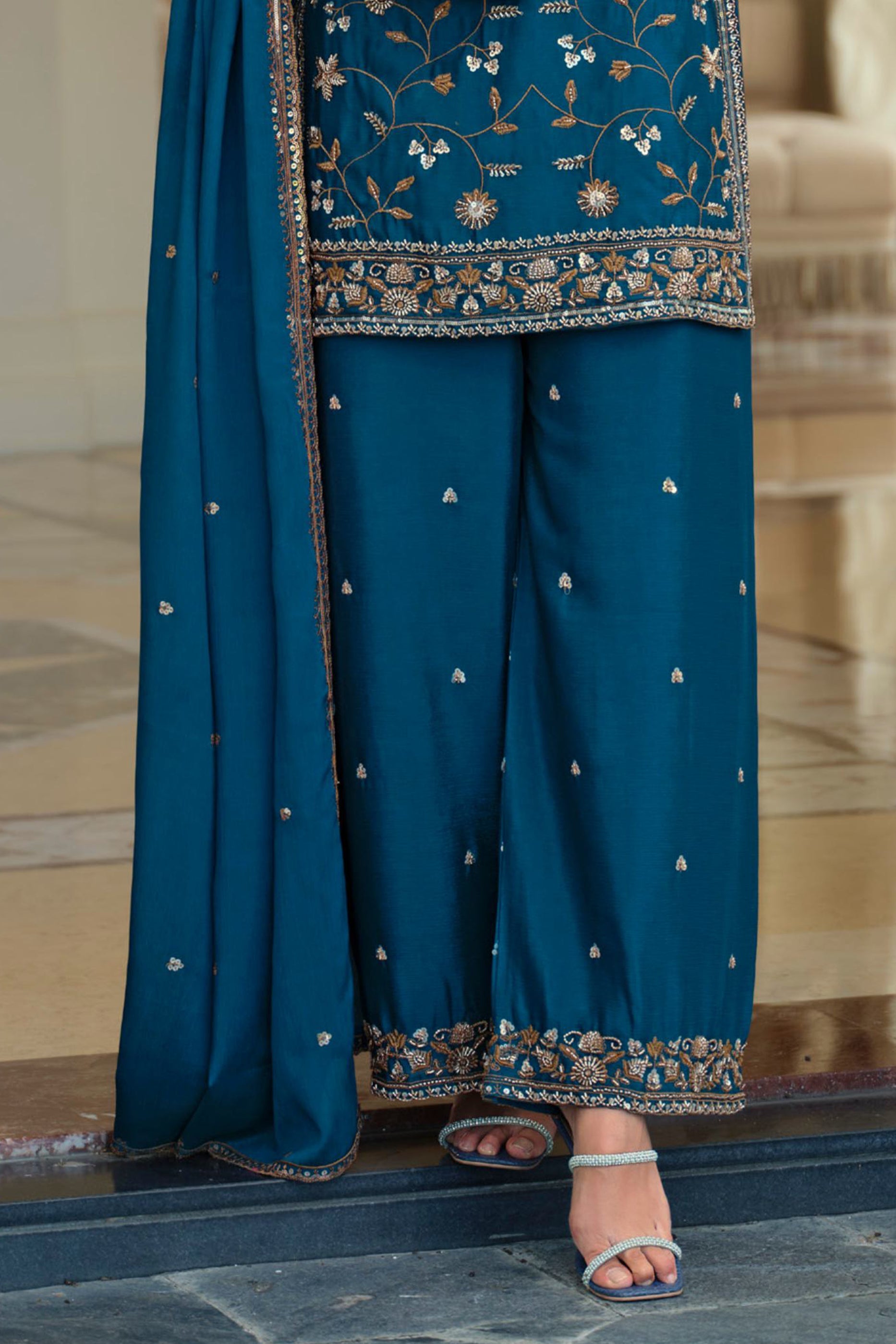 Teal Blue Readymade Embroidered Chinon Suit-SAR12124_5_SareeButa.com