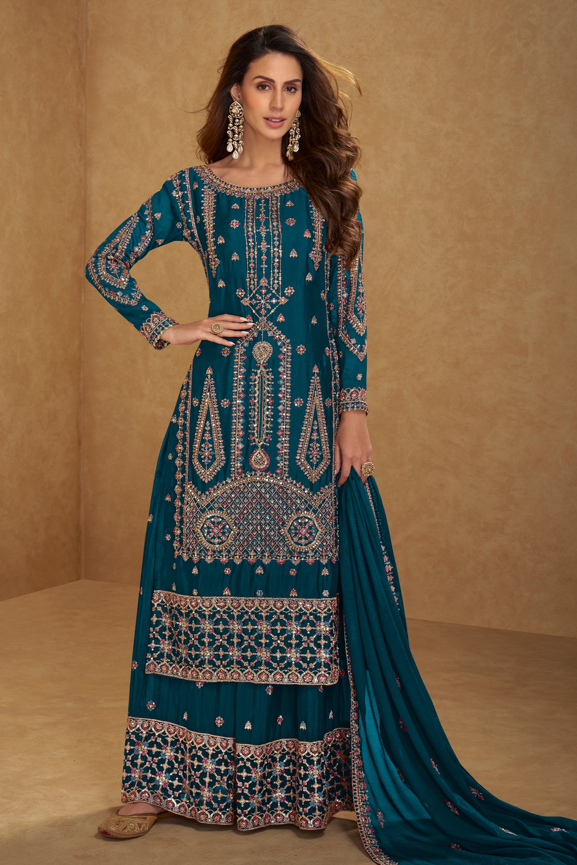 Teal Blue Readymade Embroidered Chinon Suit-SAR12234_1_SareeButa.com