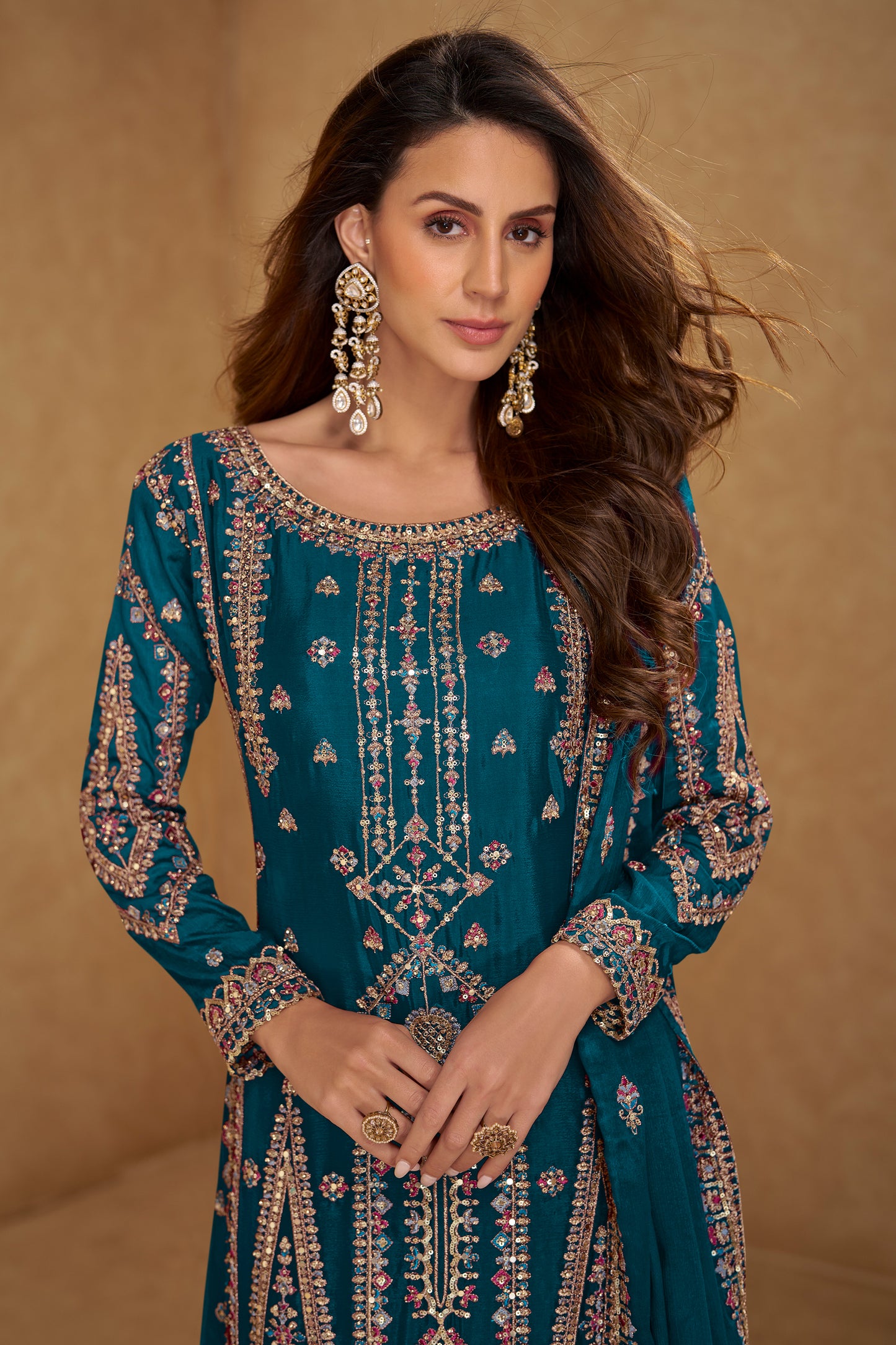 Teal Blue Readymade Embroidered Chinon Suit-SAR12234_2_SareeButa.com
