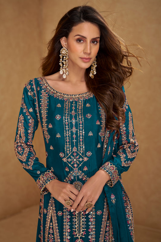 Teal Blue Readymade Embroidered Chinon Suit-SAR12234_2_SareeButa.com