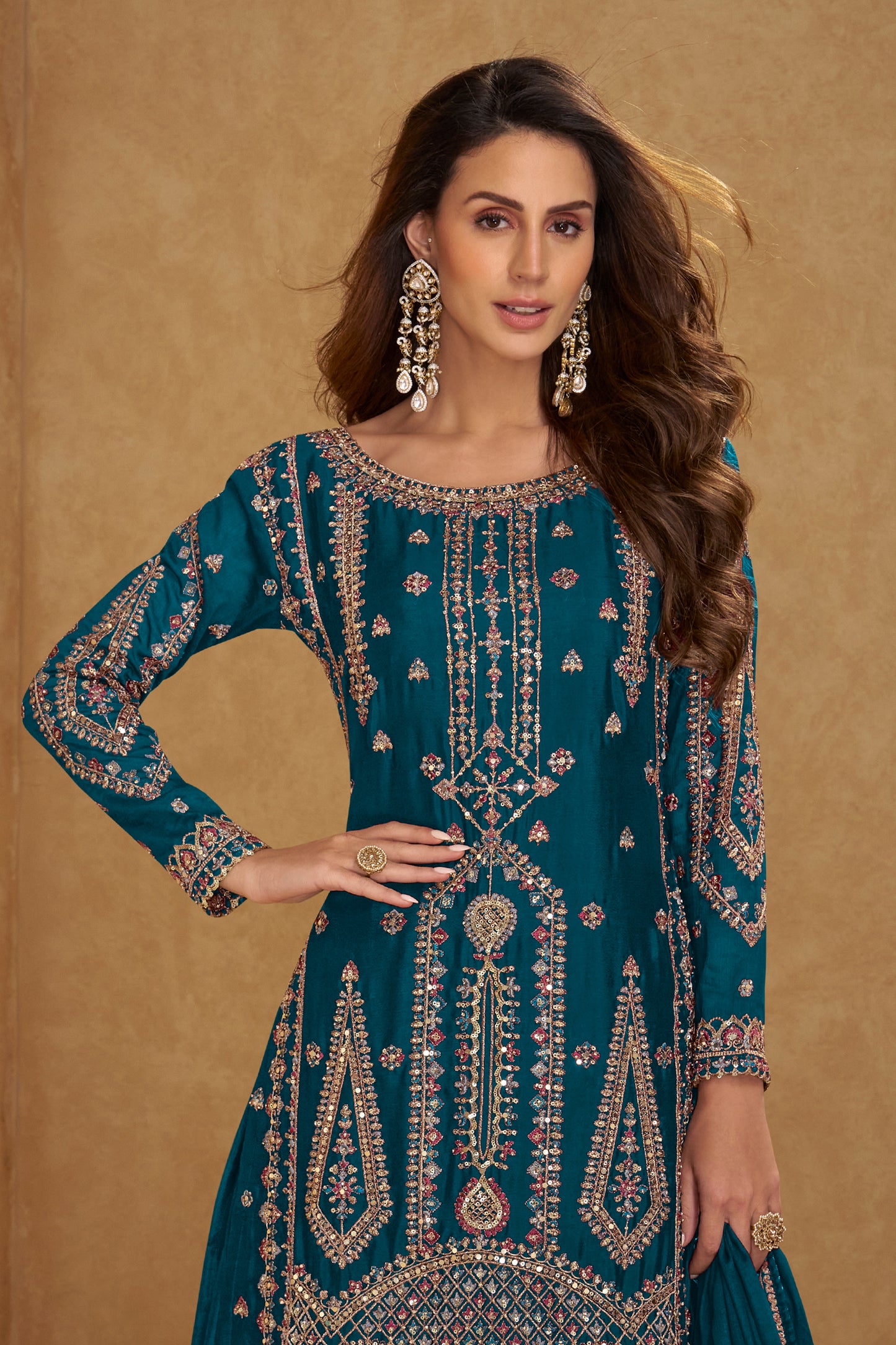 Teal Blue Readymade Embroidered Chinon Suit-SAR12234_3_SareeButa.com