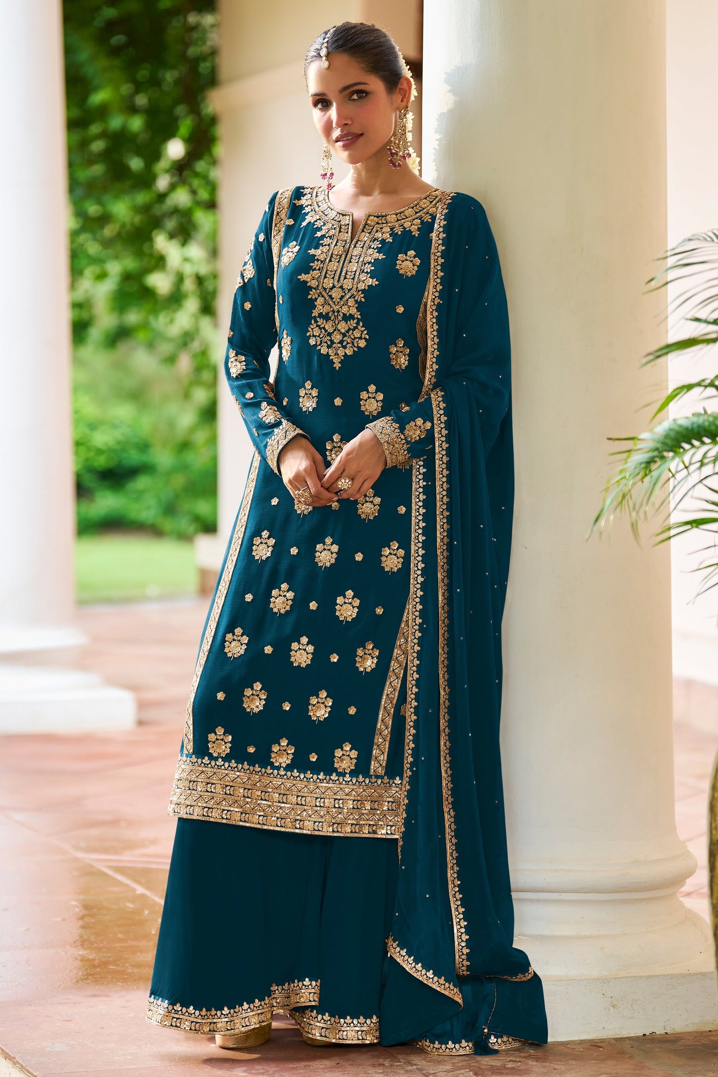 Teal Blue Readymade Embroidered Chinon Suit
-SAR12136_1_SareeButa.com