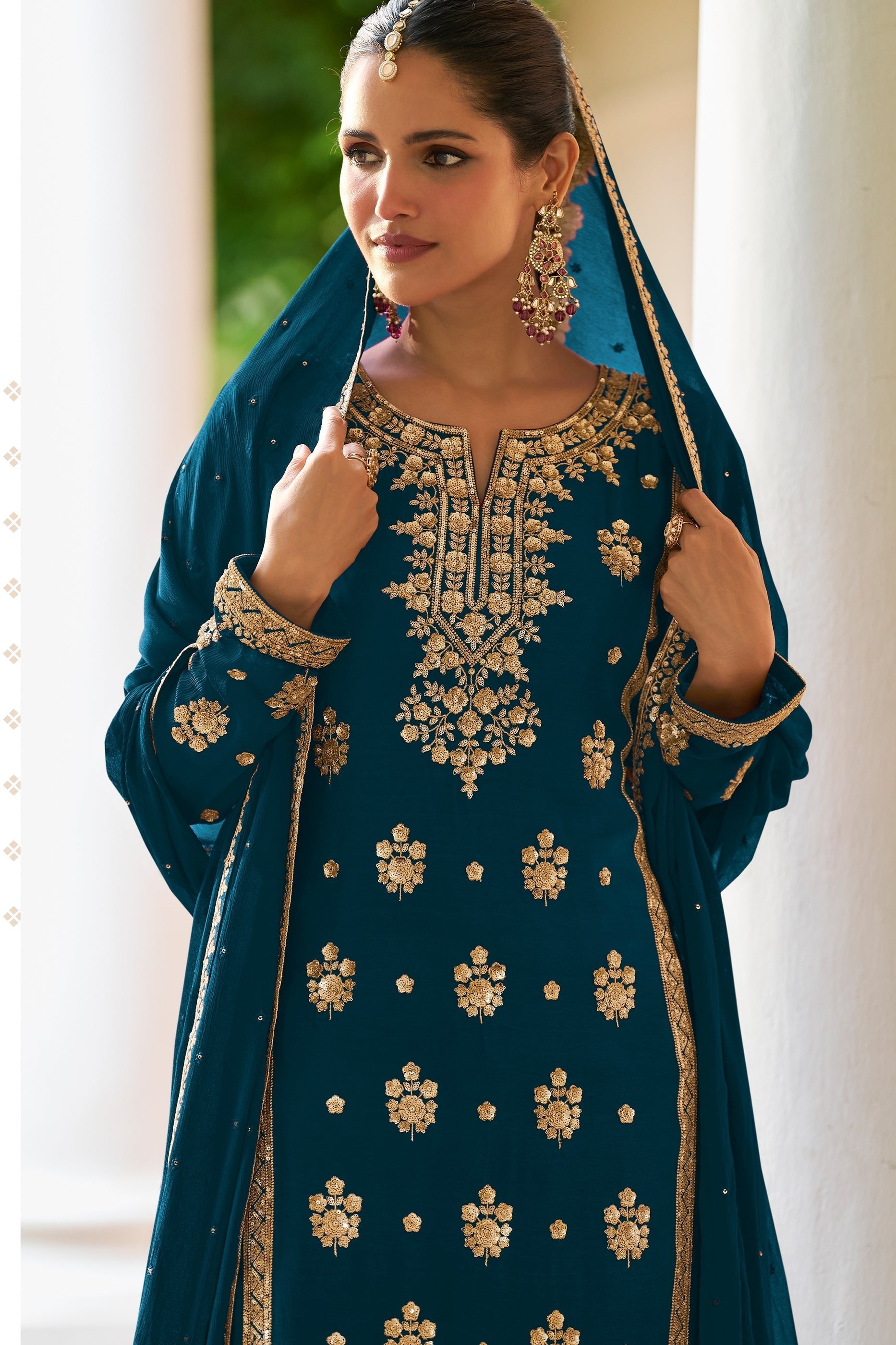 Teal Blue Readymade Embroidered Chinon Suit
-SAR12136_2_SareeButa.com